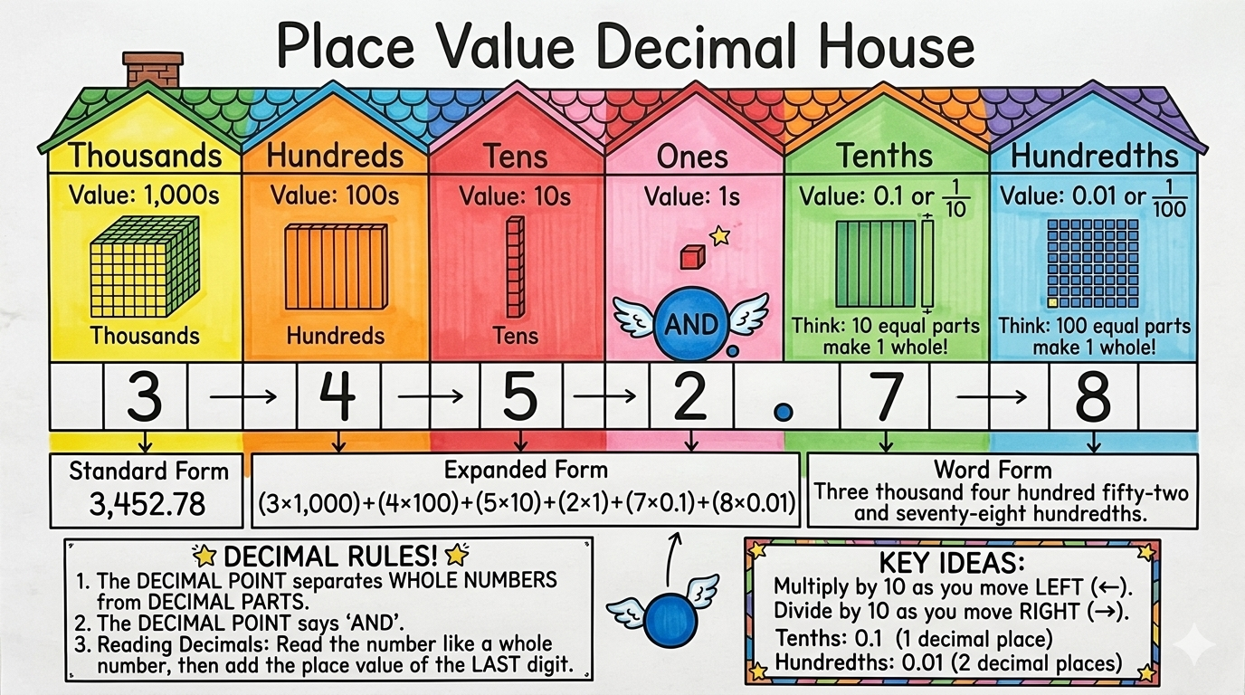 Place Value Decimal House Anchor Chart for 4th Grade Mathematics