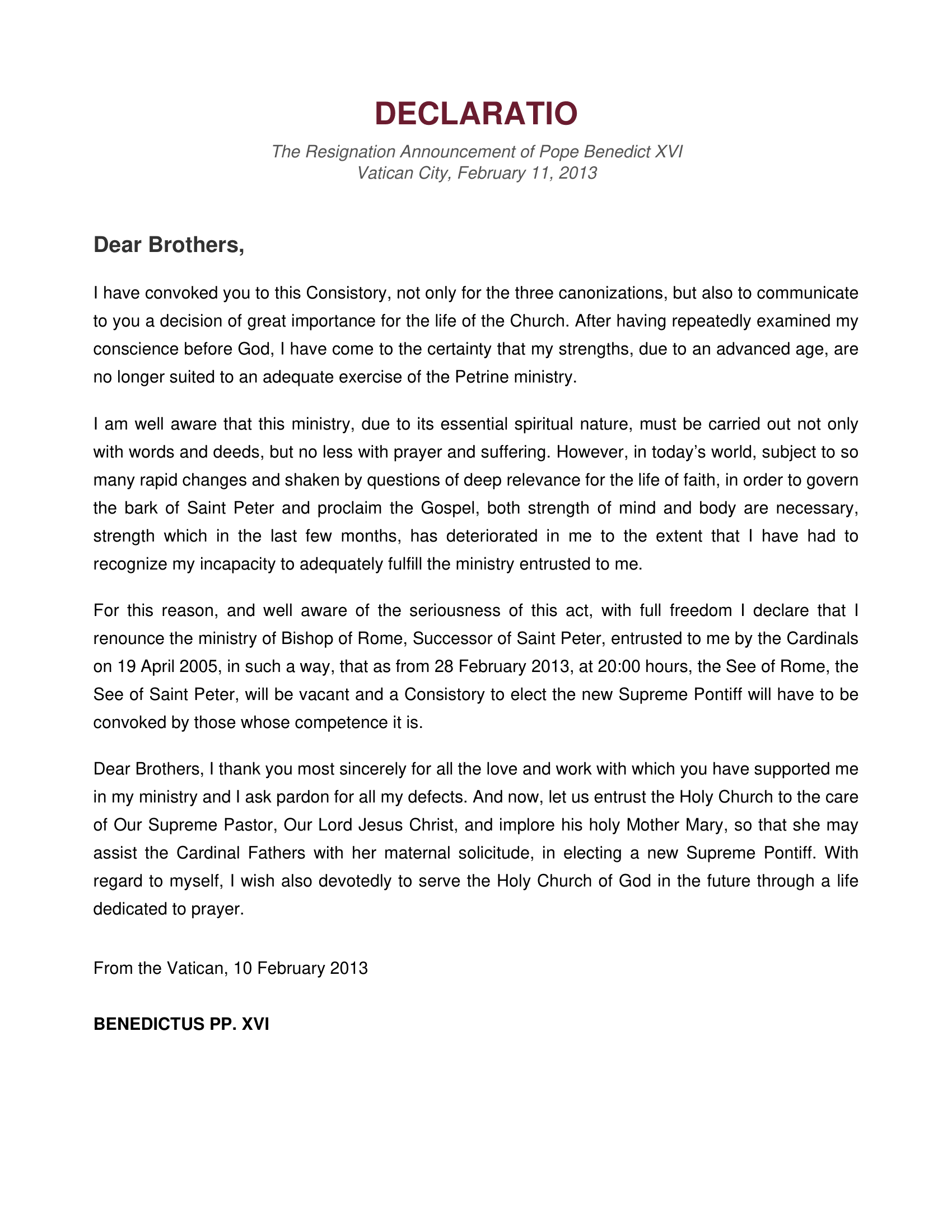 Pope Benedict XVI Resignation Letter from the Catholic Church - Free AI Resignation Letter Generator, 50+ Real Resignation Letter Examples