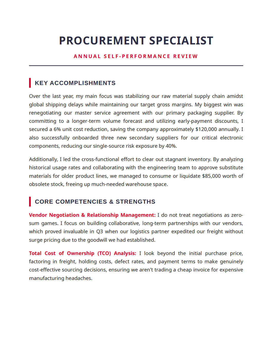 Procurement Specialist Self Performance Review - Free AI Self Performance Review Generator, 50+ Real Self Performance Review Examples