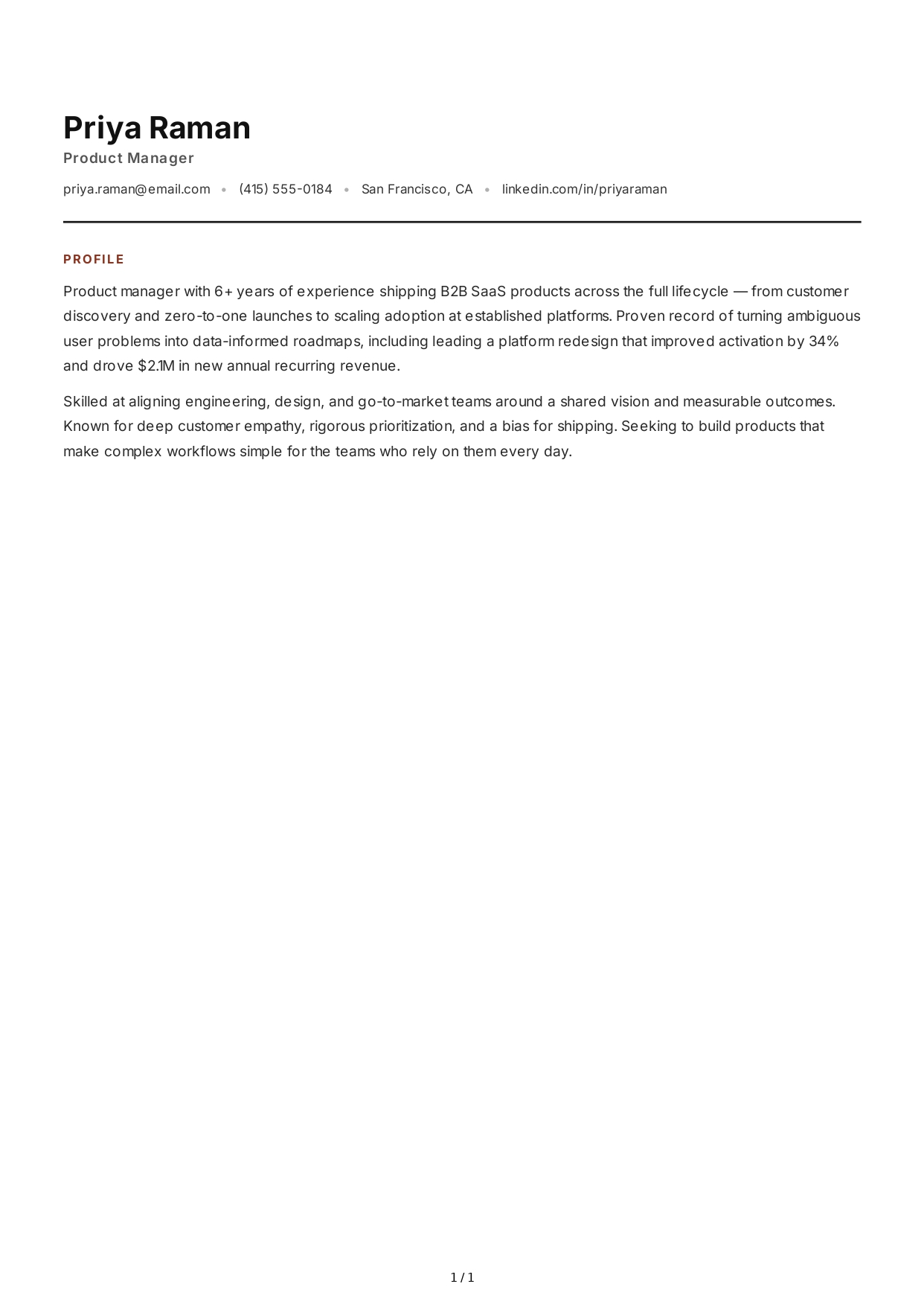 Product Manager Resume Profile - Free AI Resume Profile Generator, 50+ Real Resume Profile Examples