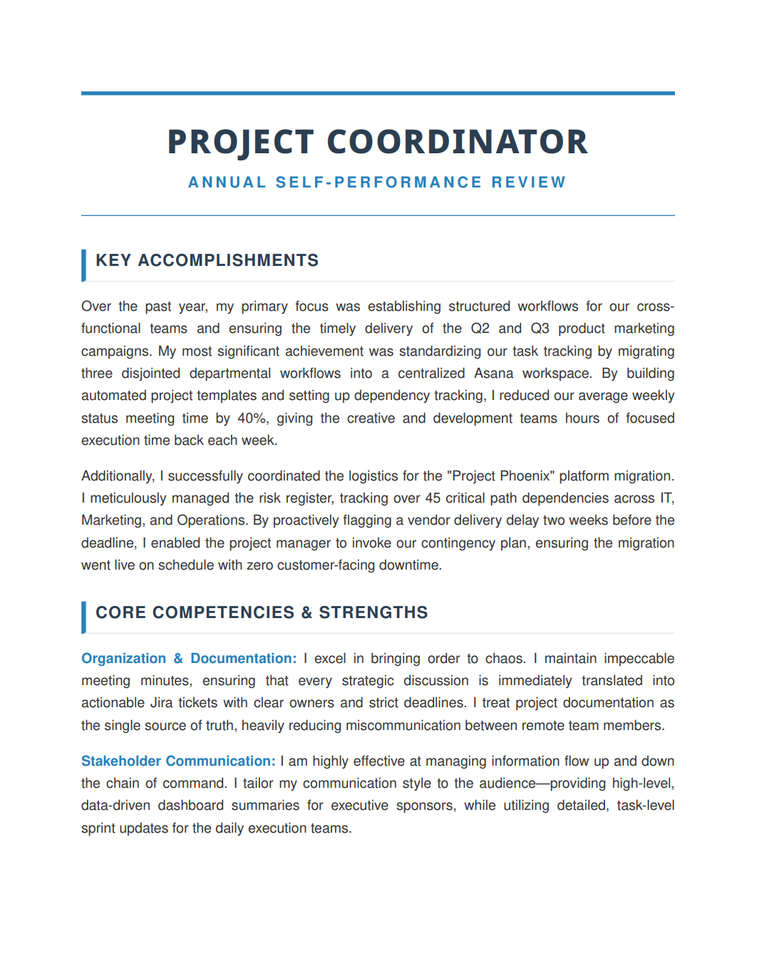 Project Coordinator Self Performance Review - Free AI Self Performance Review Generator, 50+ Real Self Performance Review Examples