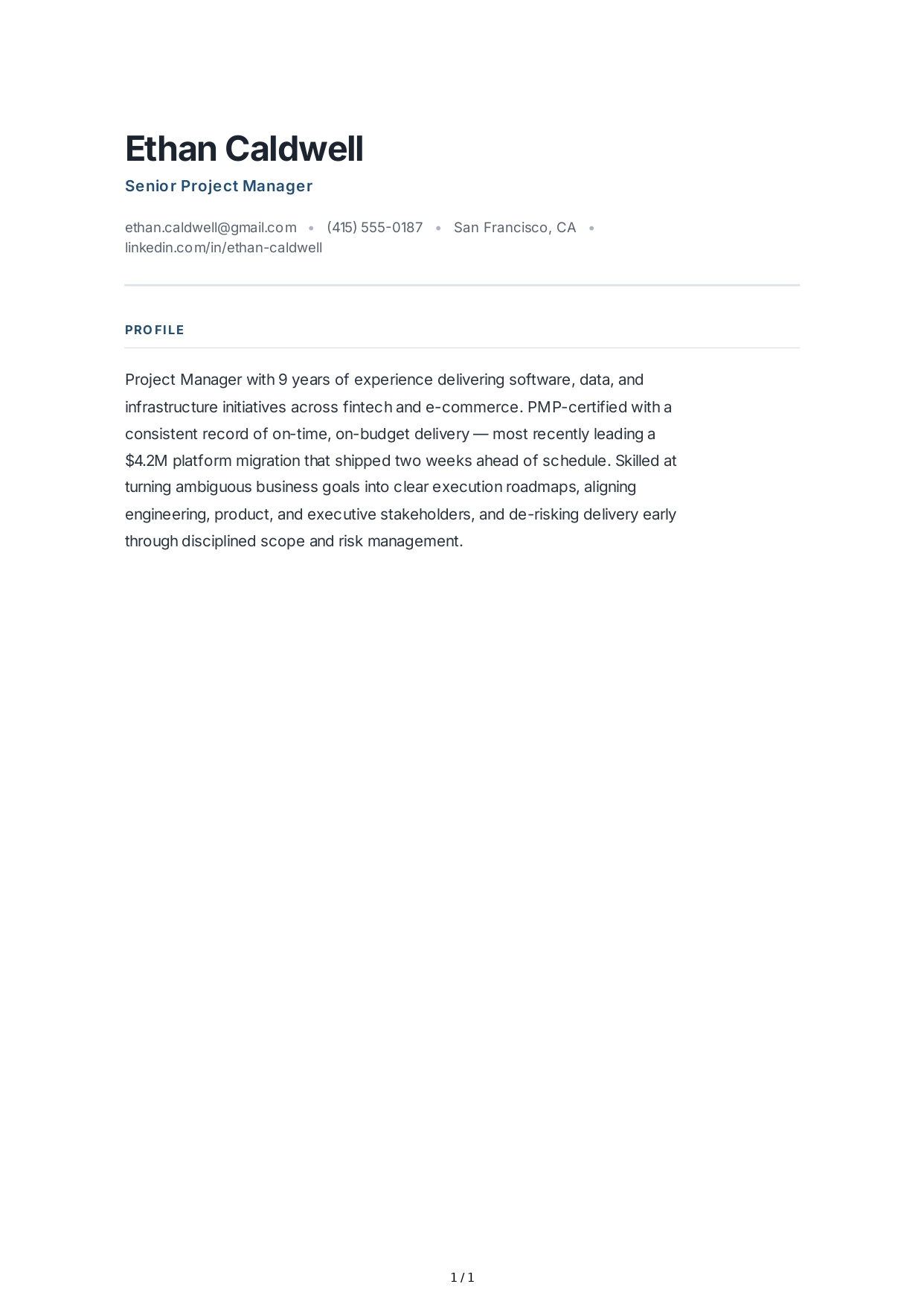 Project Manager Resume Profile - Free AI Resume Profile Generator, 50+ Real Resume Profile Examples