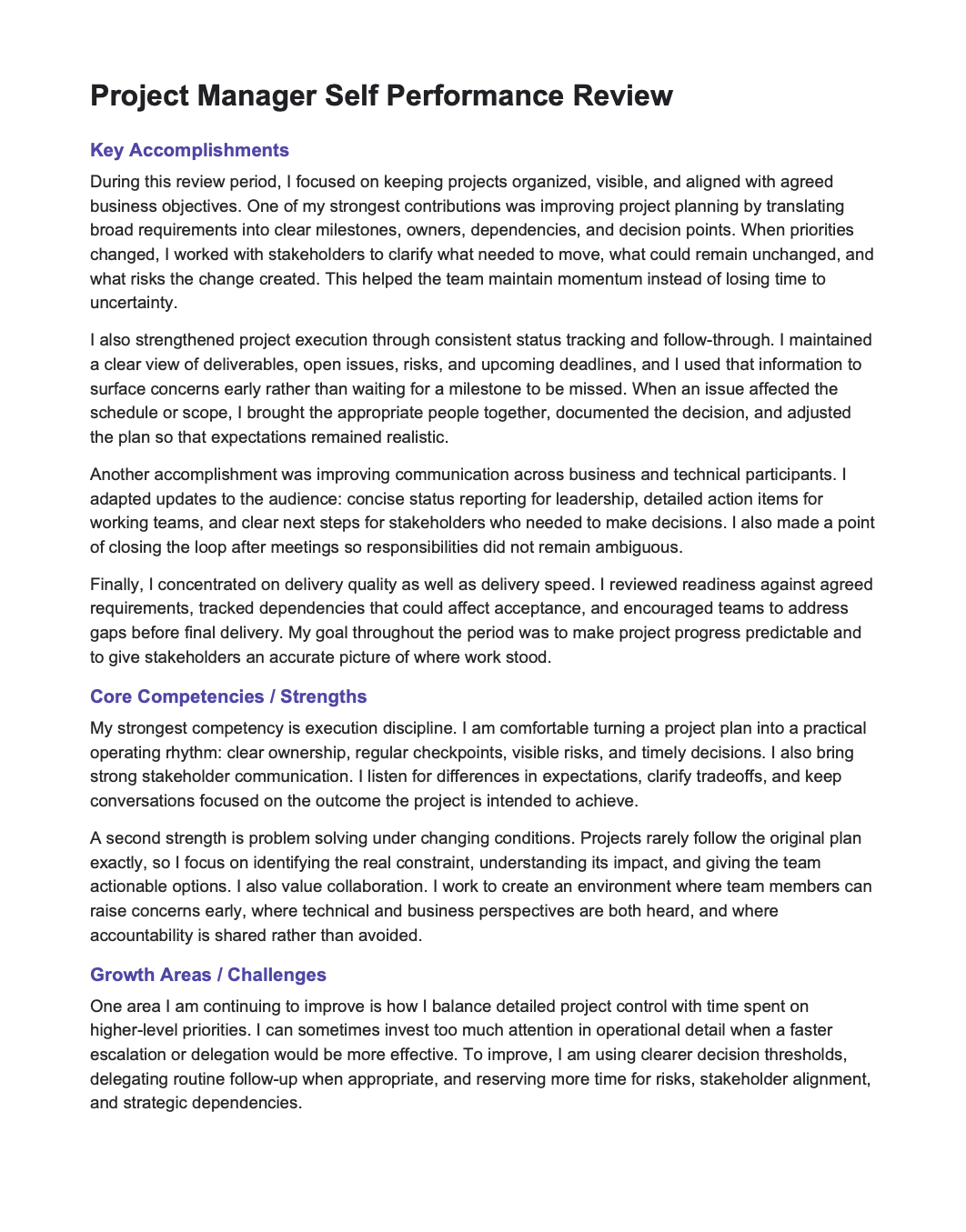 Project Manager Self Performance Review - Free AI Self Performance Review Generator, 50+ Real Self Performance Review Examples