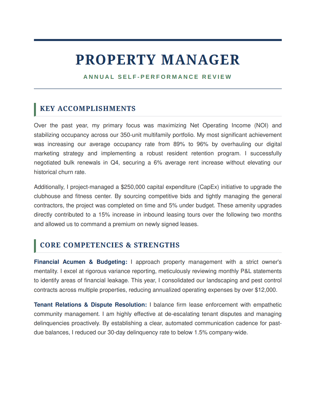 Property Manager Self Performance Review - Free AI Self Performance Review Generator, 50+ Real Self Performance Review Examples