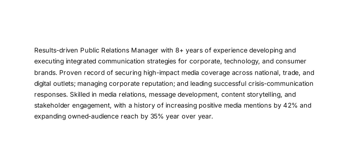 Public Relations Manager Resume Summary - Free AI Resume Summary Generator, 50+ Real Resume Summary Examples