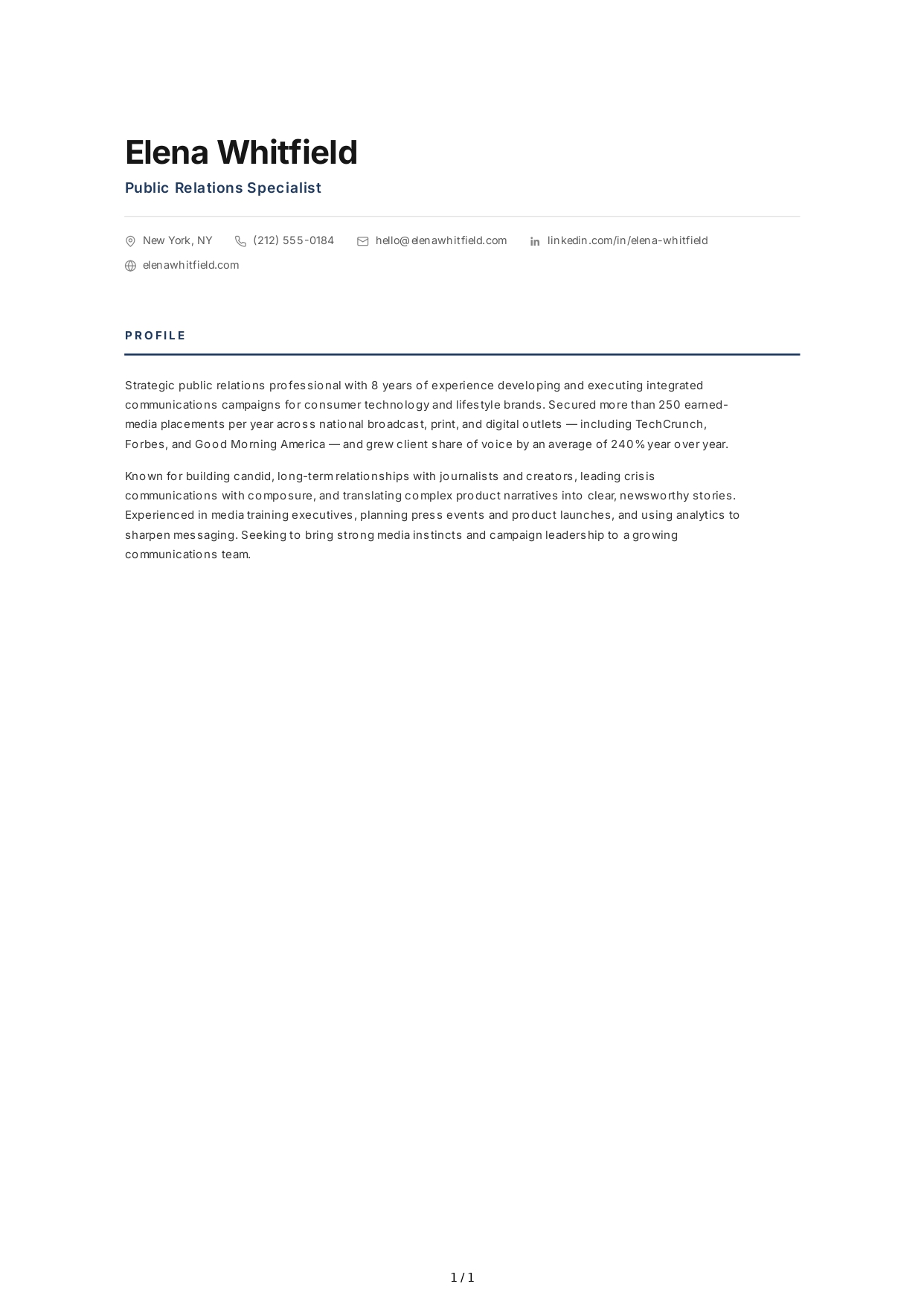 Public Relations Specialist Resume Profile - Free AI Resume Profile Generator, 50+ Real Resume Profile Examples