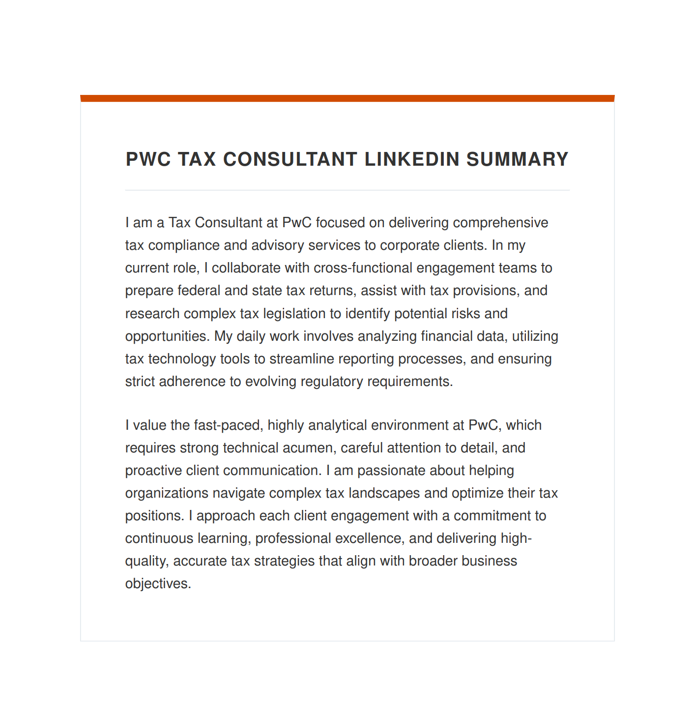 PwC Tax Consultant LinkedIn Summary - Free AI LinkedIn Summary Generator, 50+ Real LinkedIn Summary Examples