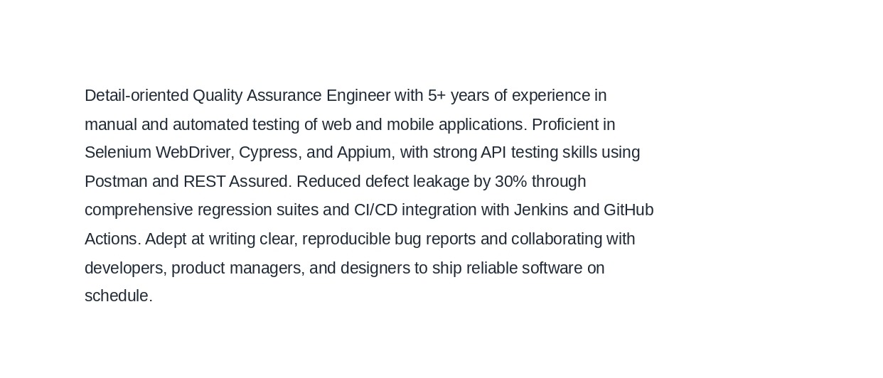 Quality Assurance Engineer Resume Summary - Free AI Resume Summary Generator, 50+ Real Resume Summary Examples