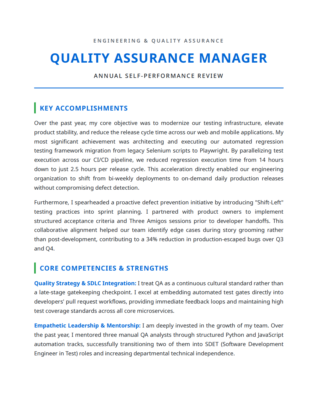 Quality Assurance Manager Self Performance Review - Free AI Self Performance Review Generator, 50+ Real Self Performance Review Examples
