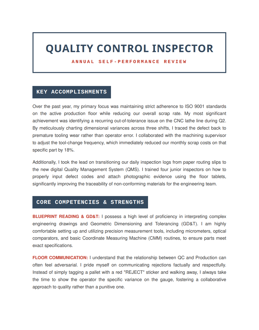 Quality Control Inspector Self Performance Review - Free AI Self Performance Review Generator, 50+ Real Self Performance Review Examples