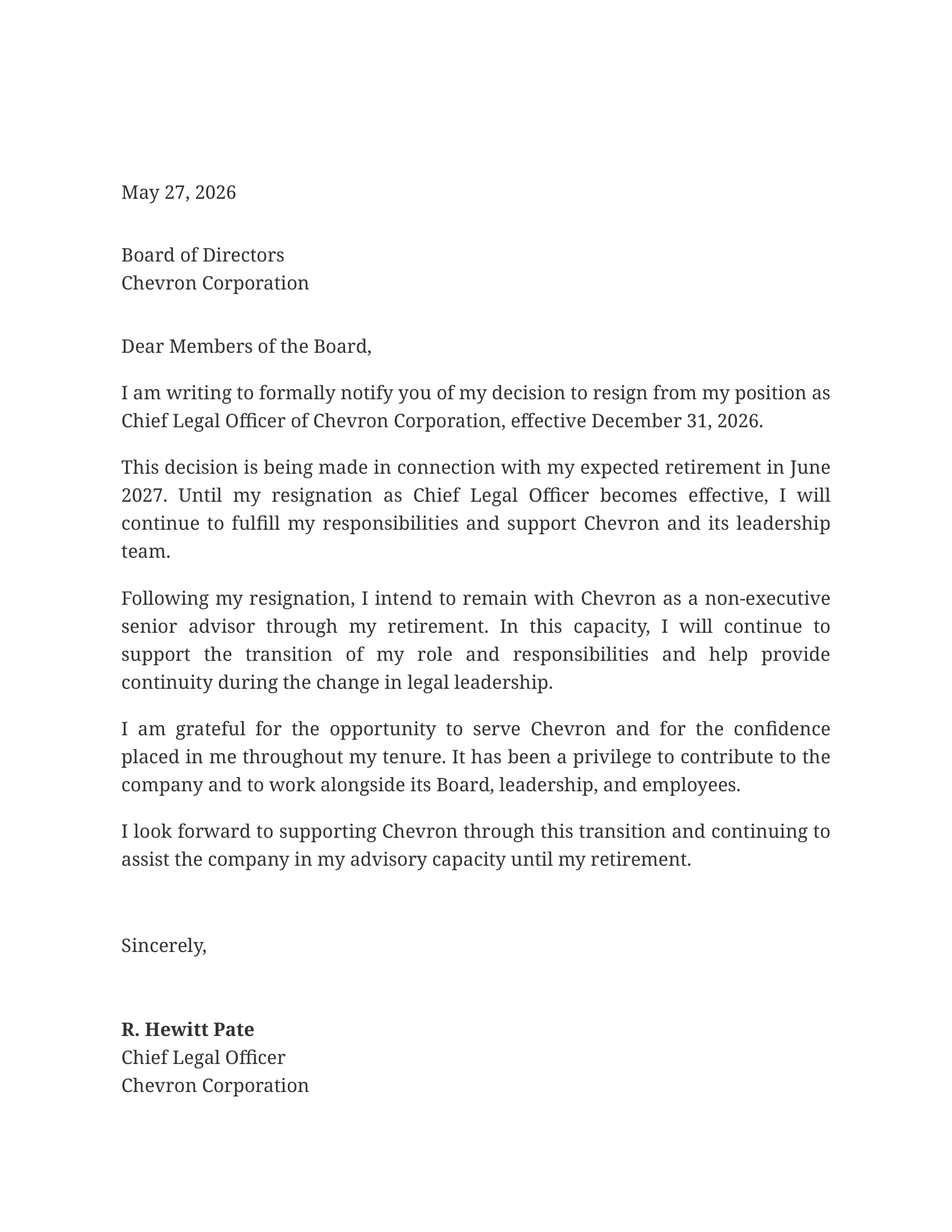 R. Hewitt Pate Resignation Letter from Chevron - Free AI Resignation Letter Generator, 50+ Real Resignation Letter Examples