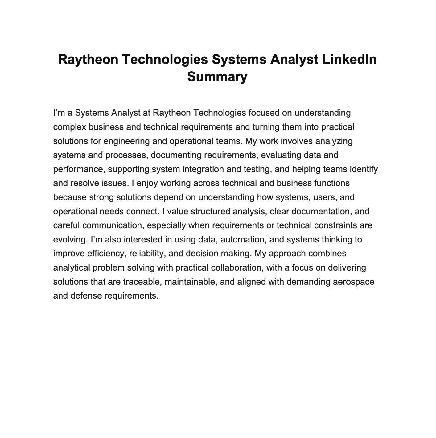 Raytheon Technologies Systems Analyst LinkedIn Summary - Free AI LinkedIn Summary Generator, 50+ Real LinkedIn Summary Examples