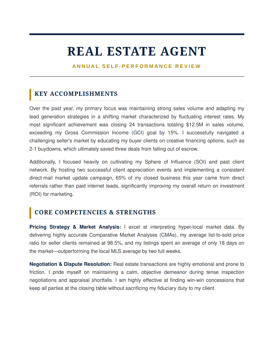 Real Estate Agent Self Performance Review - Free AI Self Performance Review Generator, 50+ Real Self Performance Review Examples