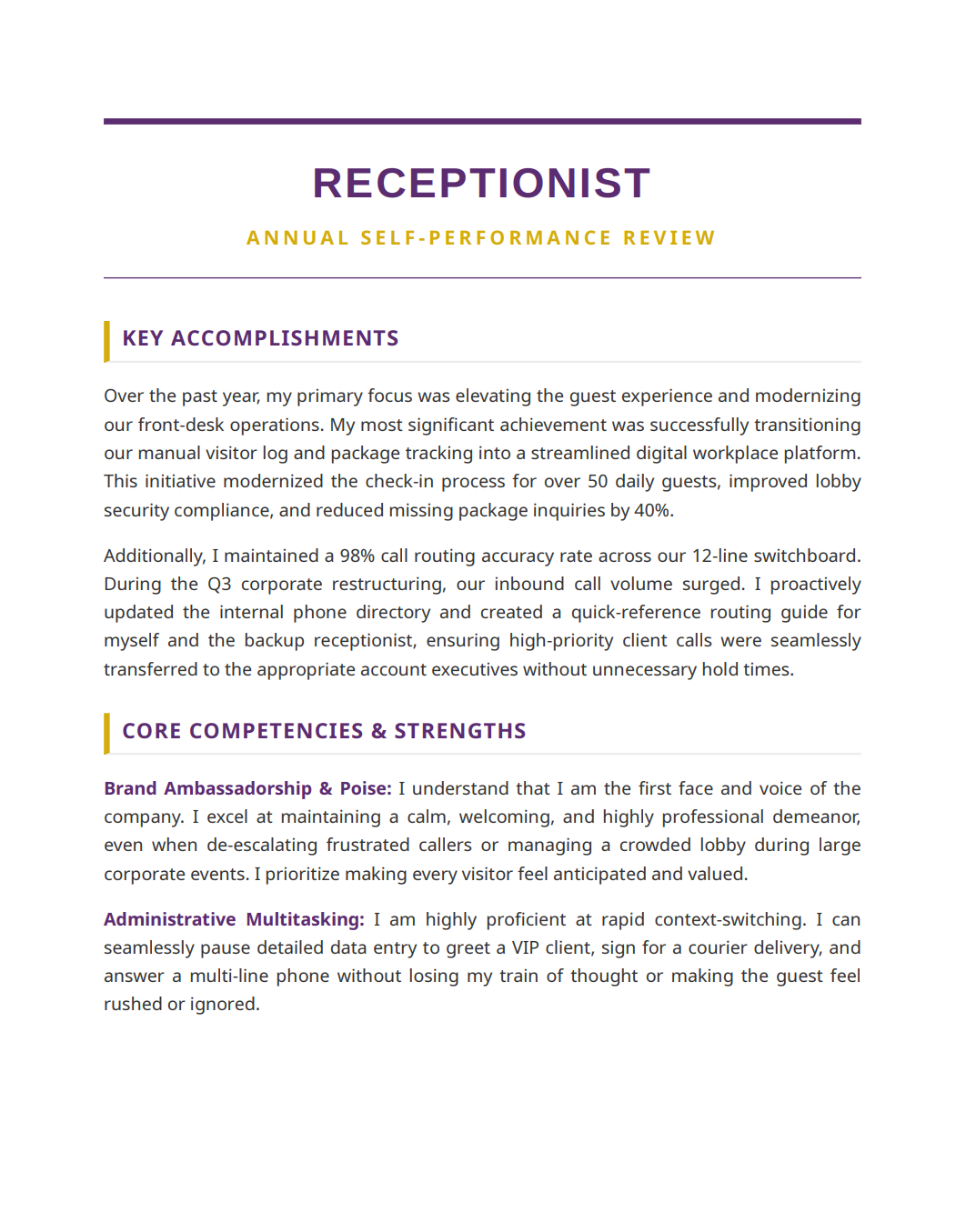 Receptionist Self Performance Review - Free AI Self Performance Review Generator, 50+ Real Self Performance Review Examples