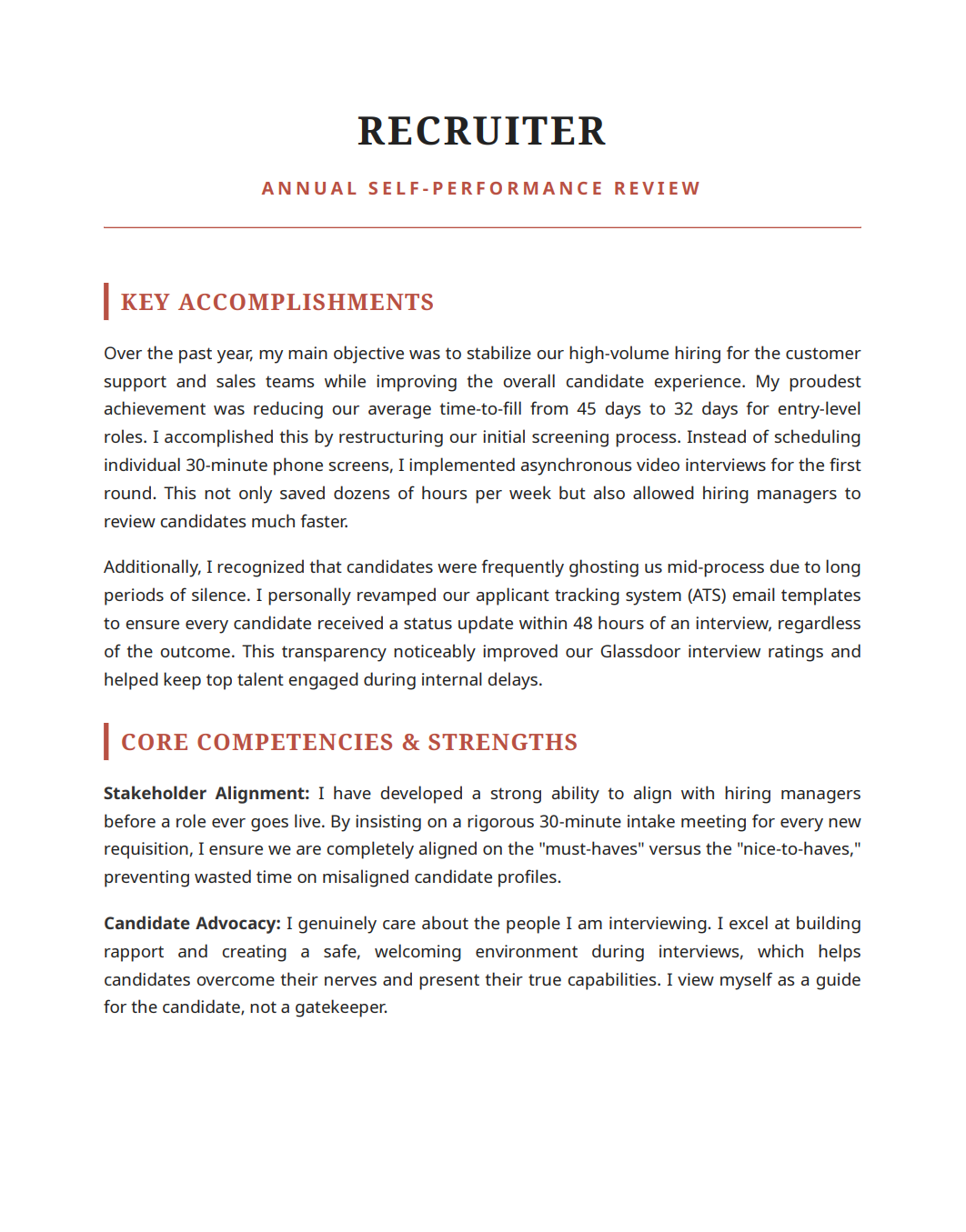 Recruiter Self Performance Review - Free AI Self Performance Review Generator, 50+ Real Self Performance Review Examples