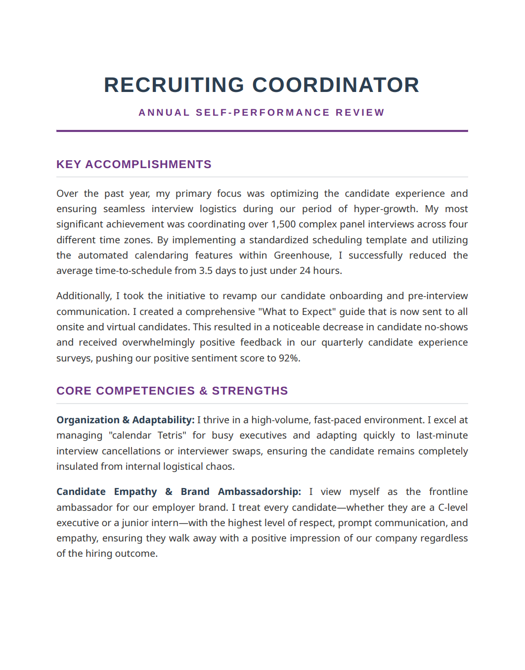 Recruiter Coordinator Self Performance Review - Free AI Self Performance Review Generator, 50+ Real Self Performance Review Examples