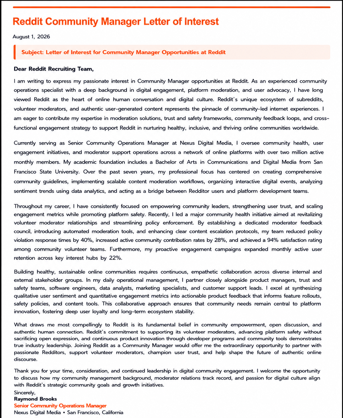 Reddit Community Manager Letter of Interest - Free AI Letter of Interest Generator, 50+ Real Letter of Interest Examples