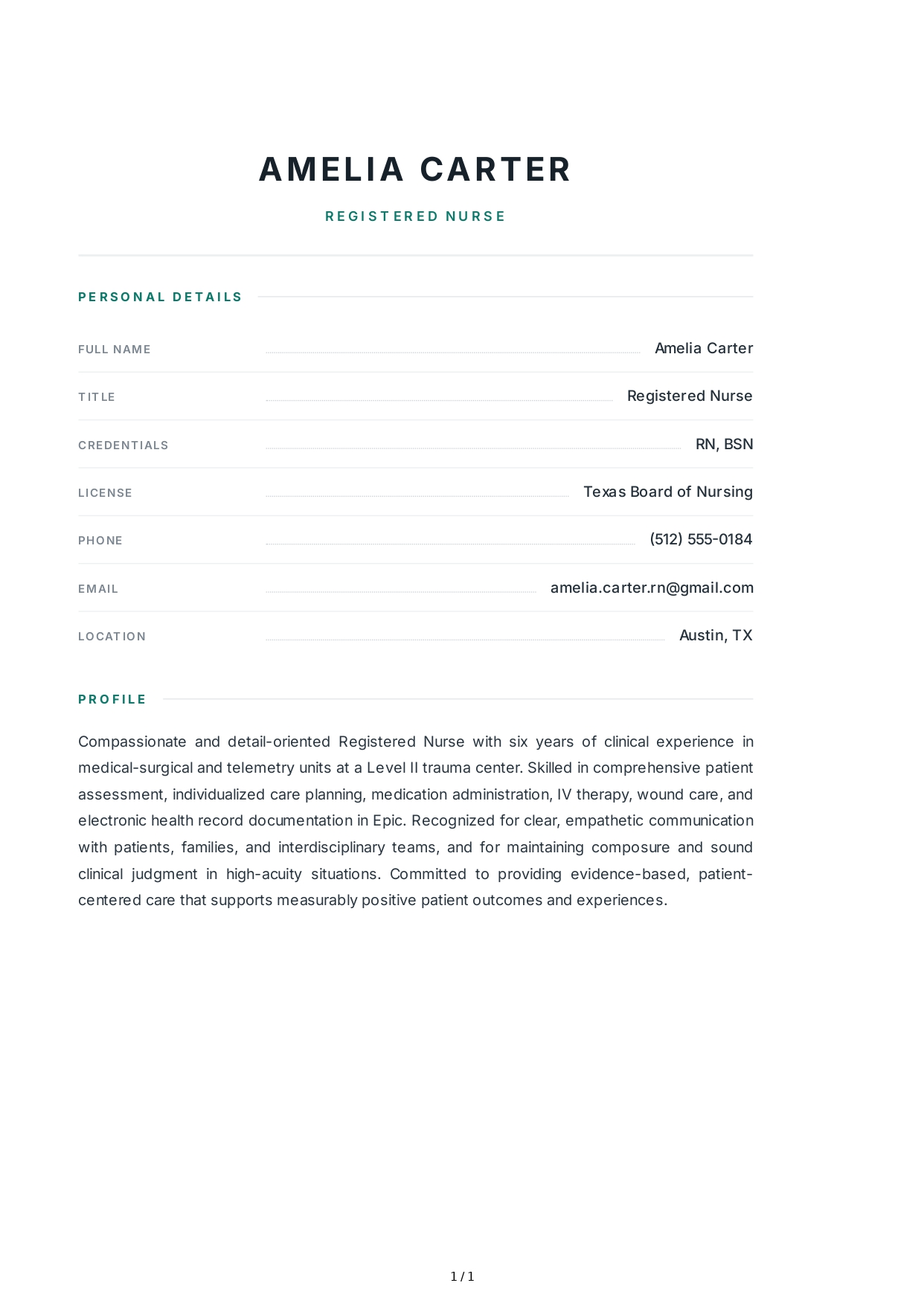 Registered Nurse Resume Profile - Free AI Resume Profile Generator, 50+ Real Resume Profile Examples