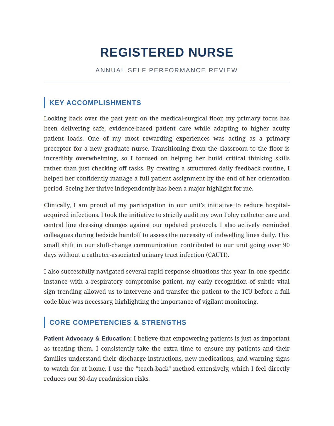 Registered Nurse Self Performance Review - Free AI Self Performance Review Generator, 50+ Real Self Performance Review Examples