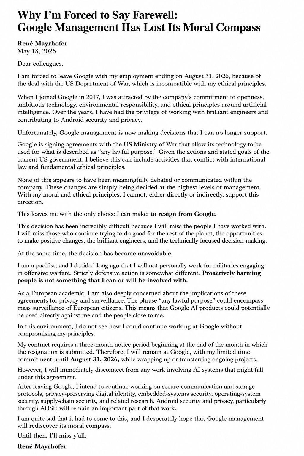 René Mayrhofer Resignation Letter from Google - Free AI Resignation Letter Generator, 50+ Real Resignation Letter Examples