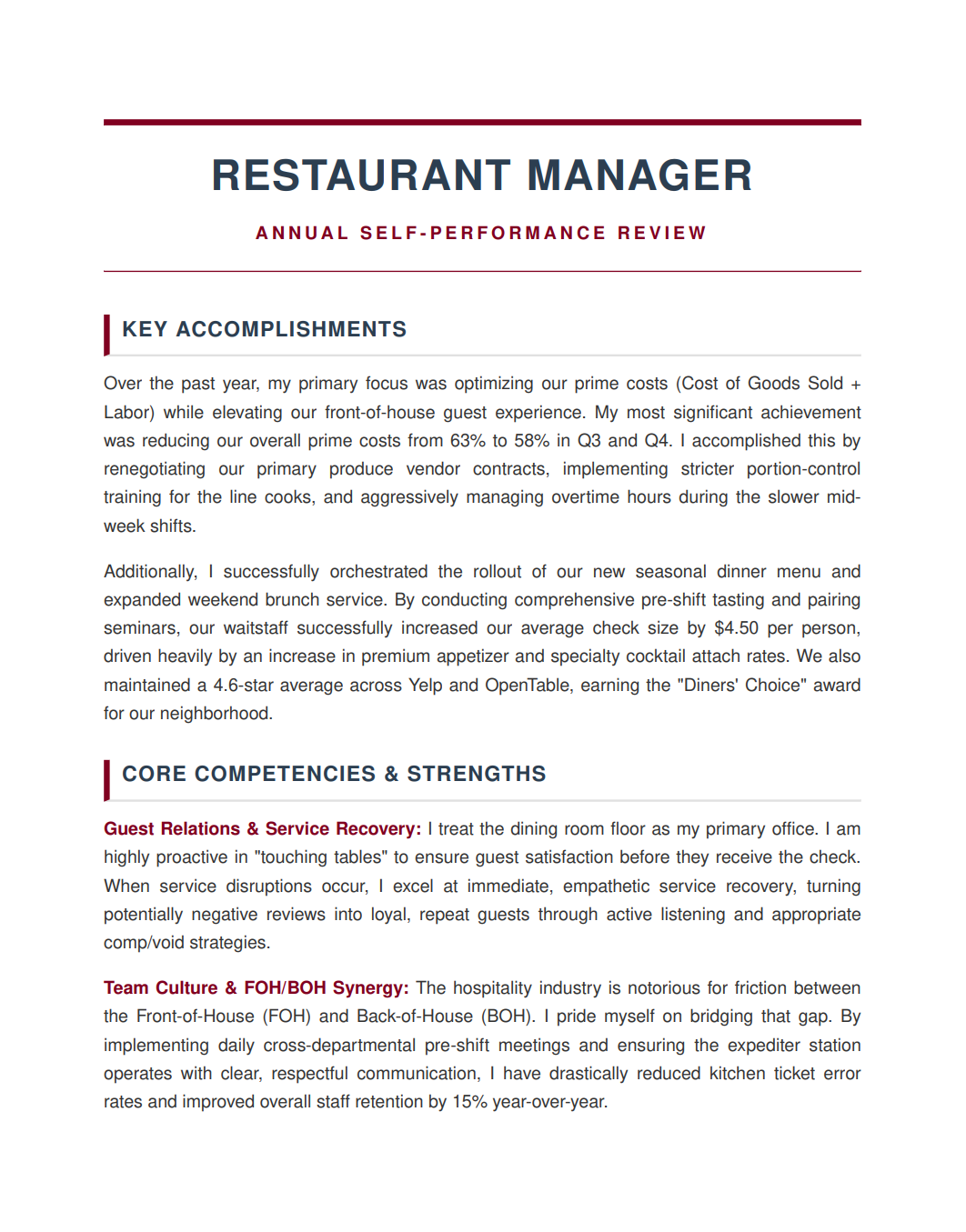 Restaurant Manager Self Performance Review - Free AI Self Performance Review Generator, 50+ Real Self Performance Review Examples