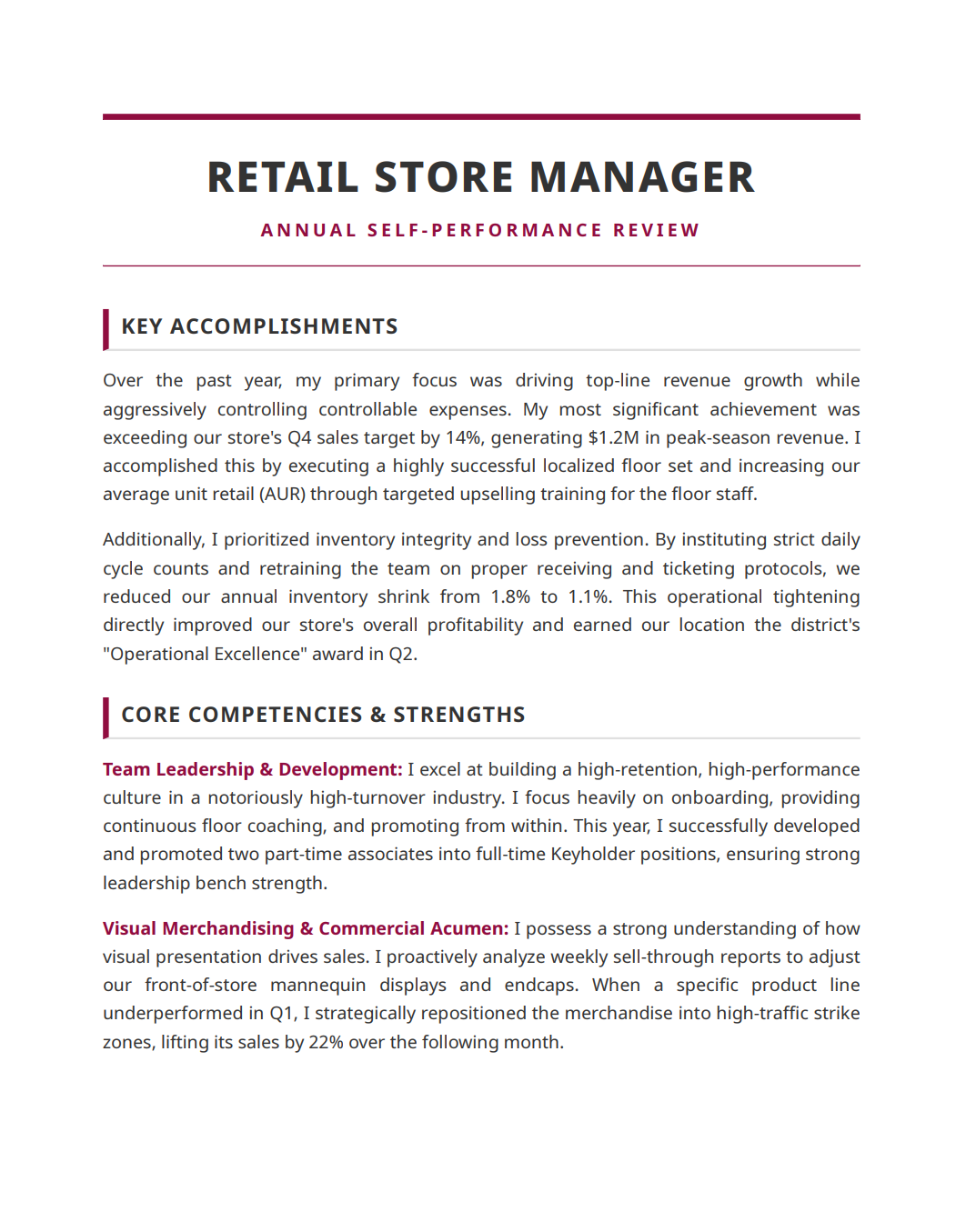 Retail Manager Self Performance Review - Free AI Self Performance Review Generator, 50+ Real Self Performance Review Examples