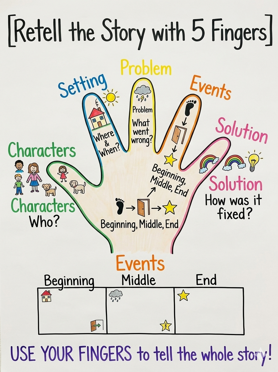 Retell the Story with 5 Fingers Anchor Chart for Kindergarten Reading - Free AI Anchor Chart Generator, 50+ Real Anchor Chart Examples