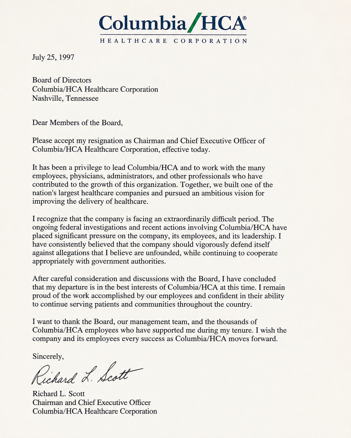 Rick Scott Resignation Letter from Columbia HCA. - Free AI Resignation Letter Generator, 50+ Real Resignation Letter Examples