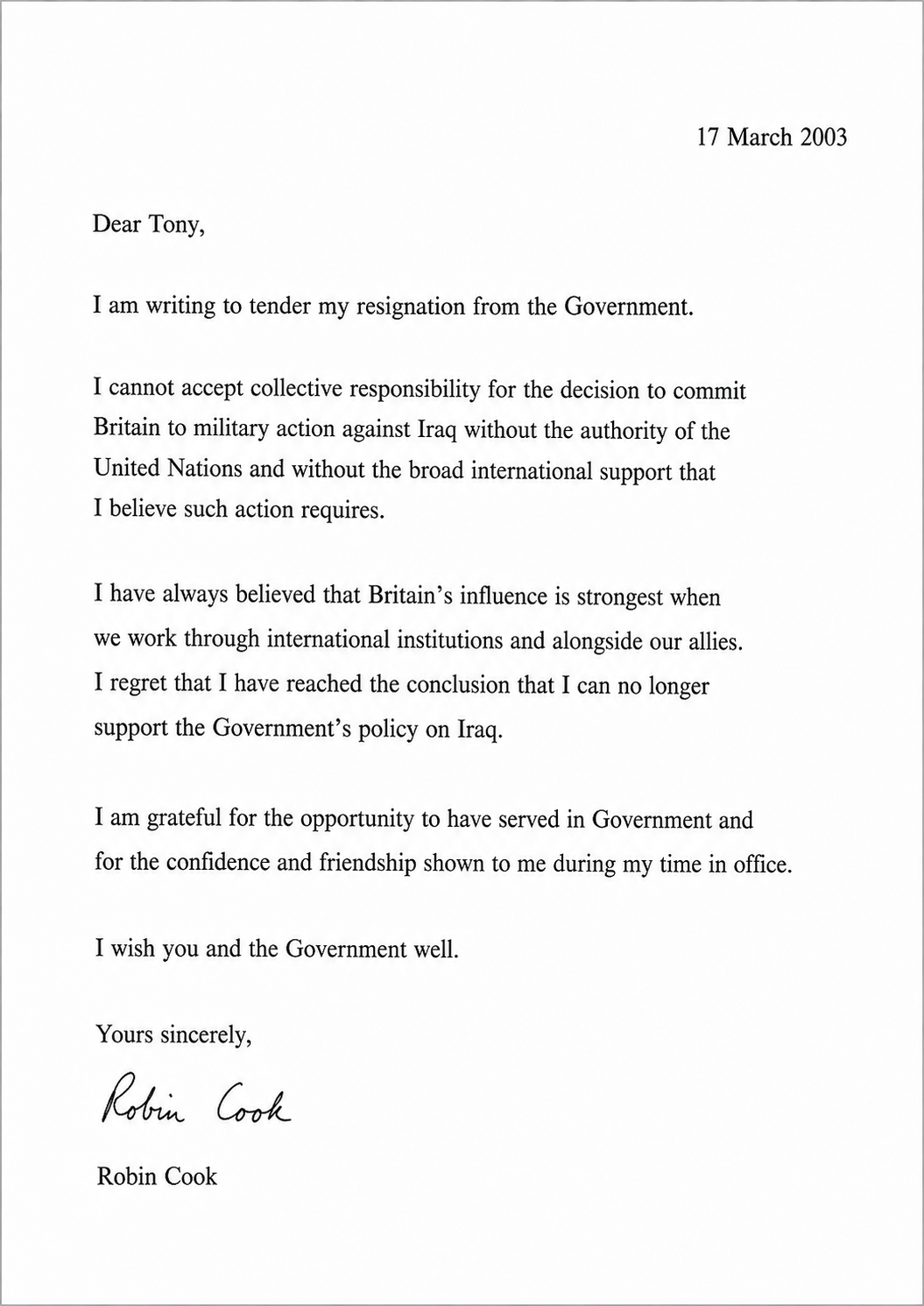 Robin Cook Resignation Letter to Tony Blair - Free AI Resignation Letter Generator, 50+ Real Resignation Letter Examples