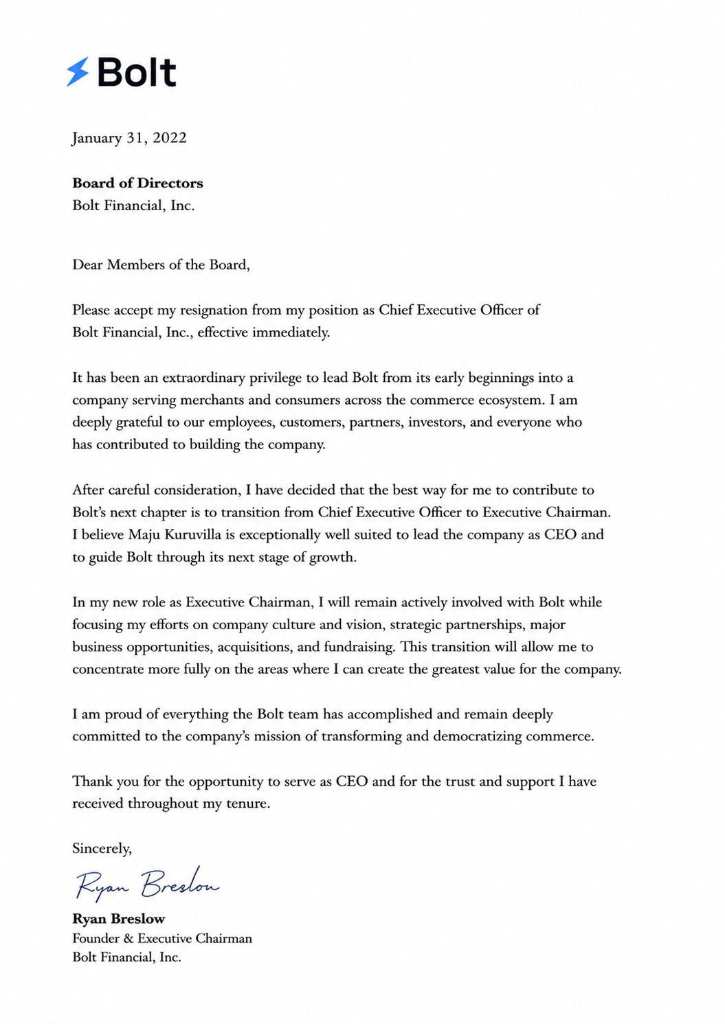 Ryan Breslow Resignation as CEO of Bolt - Free AI Resignation Letter Generator, 50+ Real Resignation Letter Examples