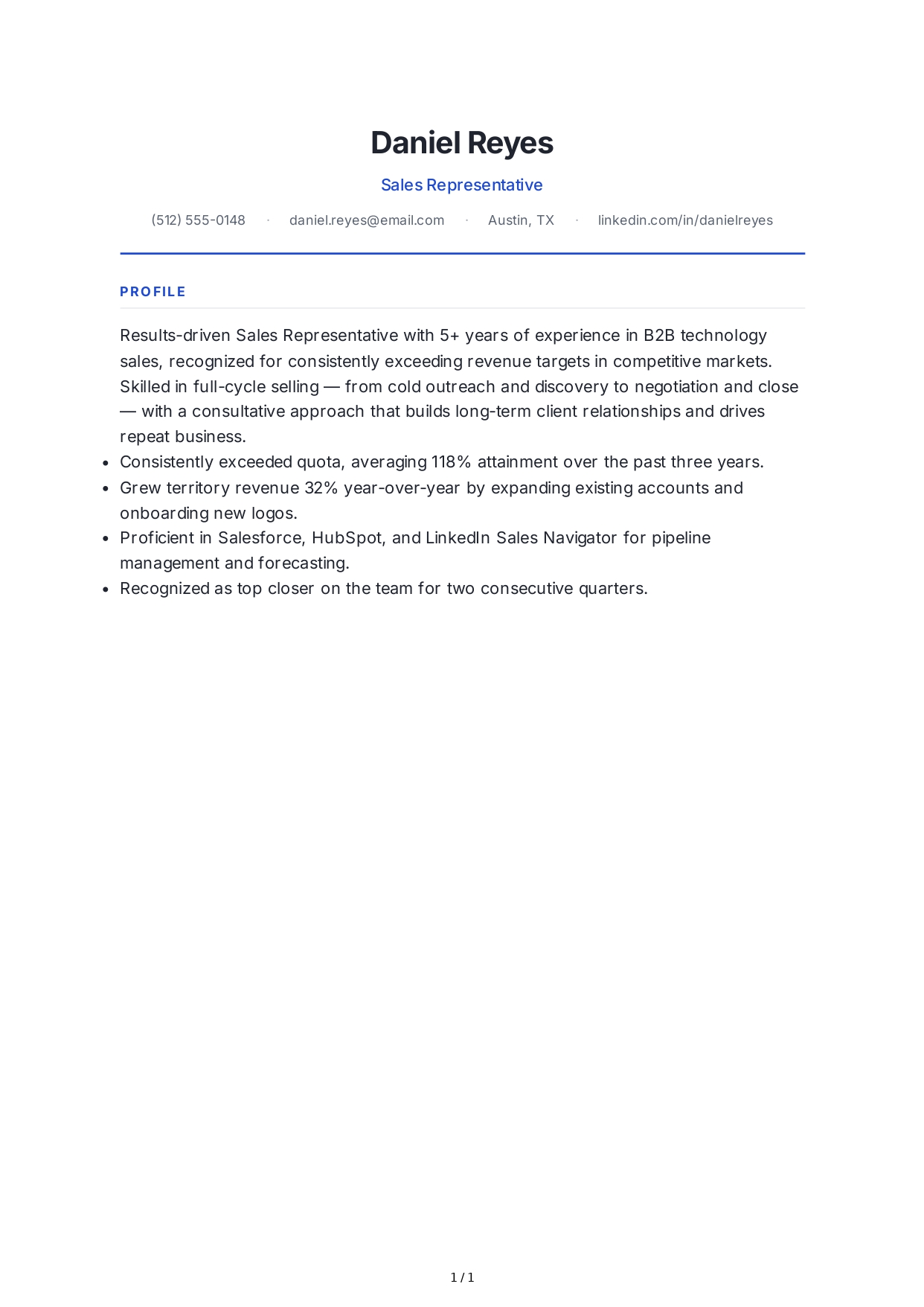 Sales Representative Resume Profile - Free AI Resume Profile Generator, 50+ Real Resume Profile Examples