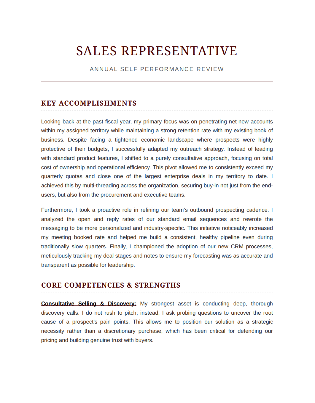 Sales Representative Self Performance Review - Free AI Self Performance Review Generator, 50+ Real Self Performance Review Examples