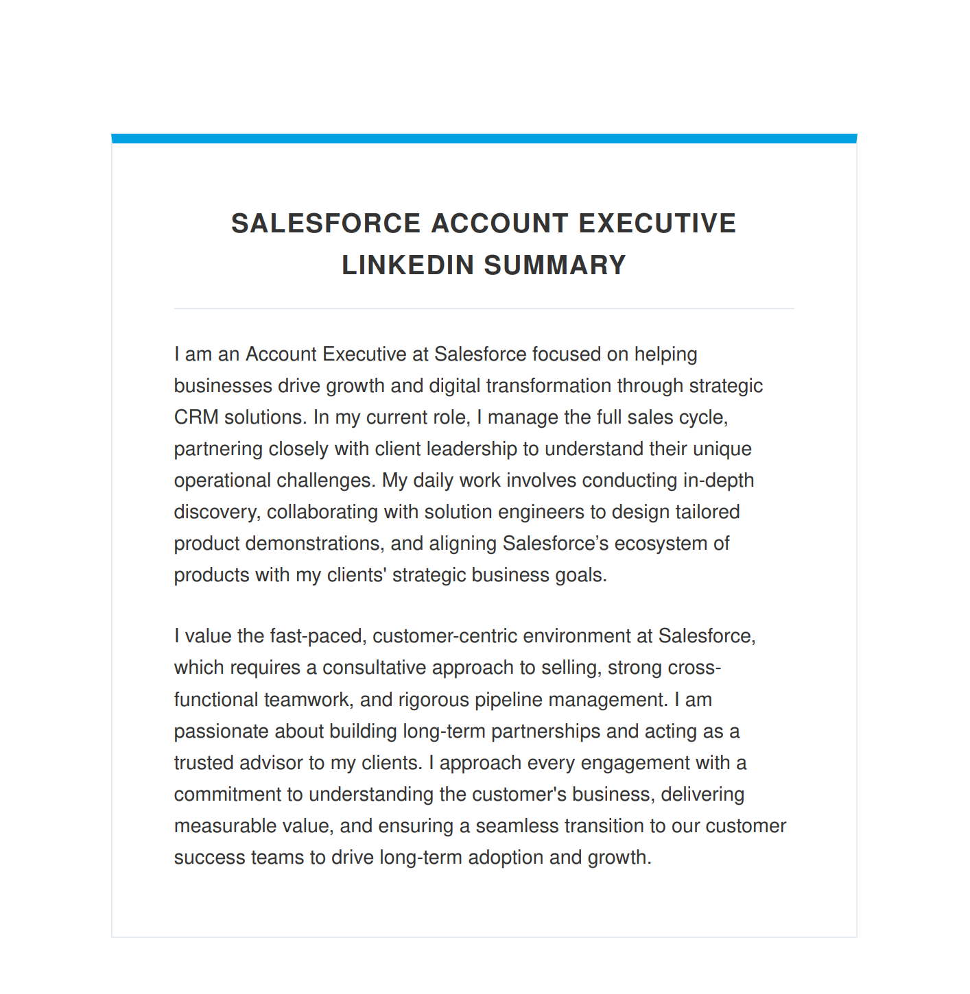 Salesforce Account Executive LinkedIn Summary - Free AI LinkedIn Summary Generator, 50+ Real LinkedIn Summary Examples