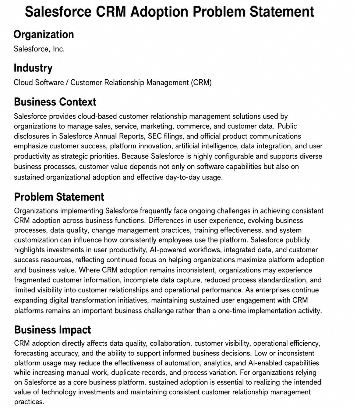 Salesforce CRM Adoption Problem Statement - Free AI Problem Statement Generator, 50+Real Problem Statement Examples
