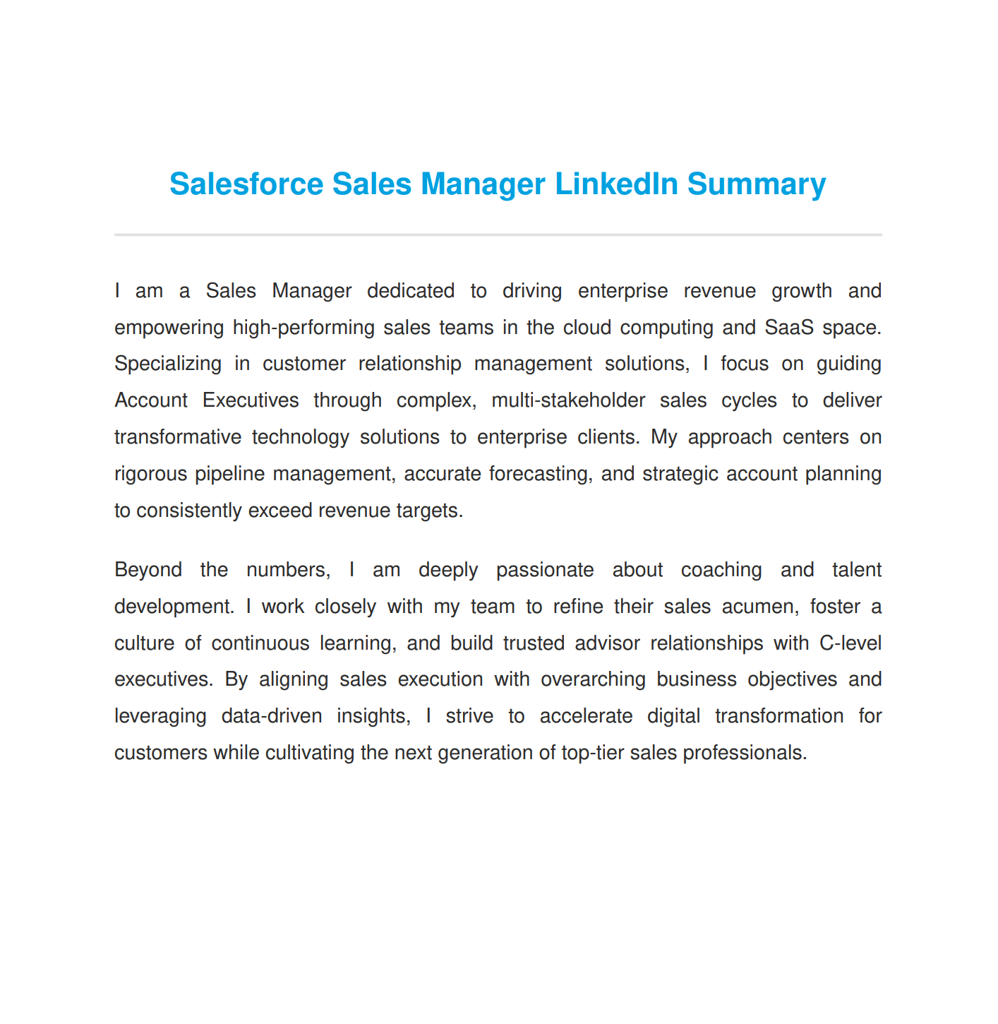 Salesforce Sales Manager LinkedIn Summary - Free AI LinkedIn Summary Generator, 50+ Real LinkedIn Summary Examples