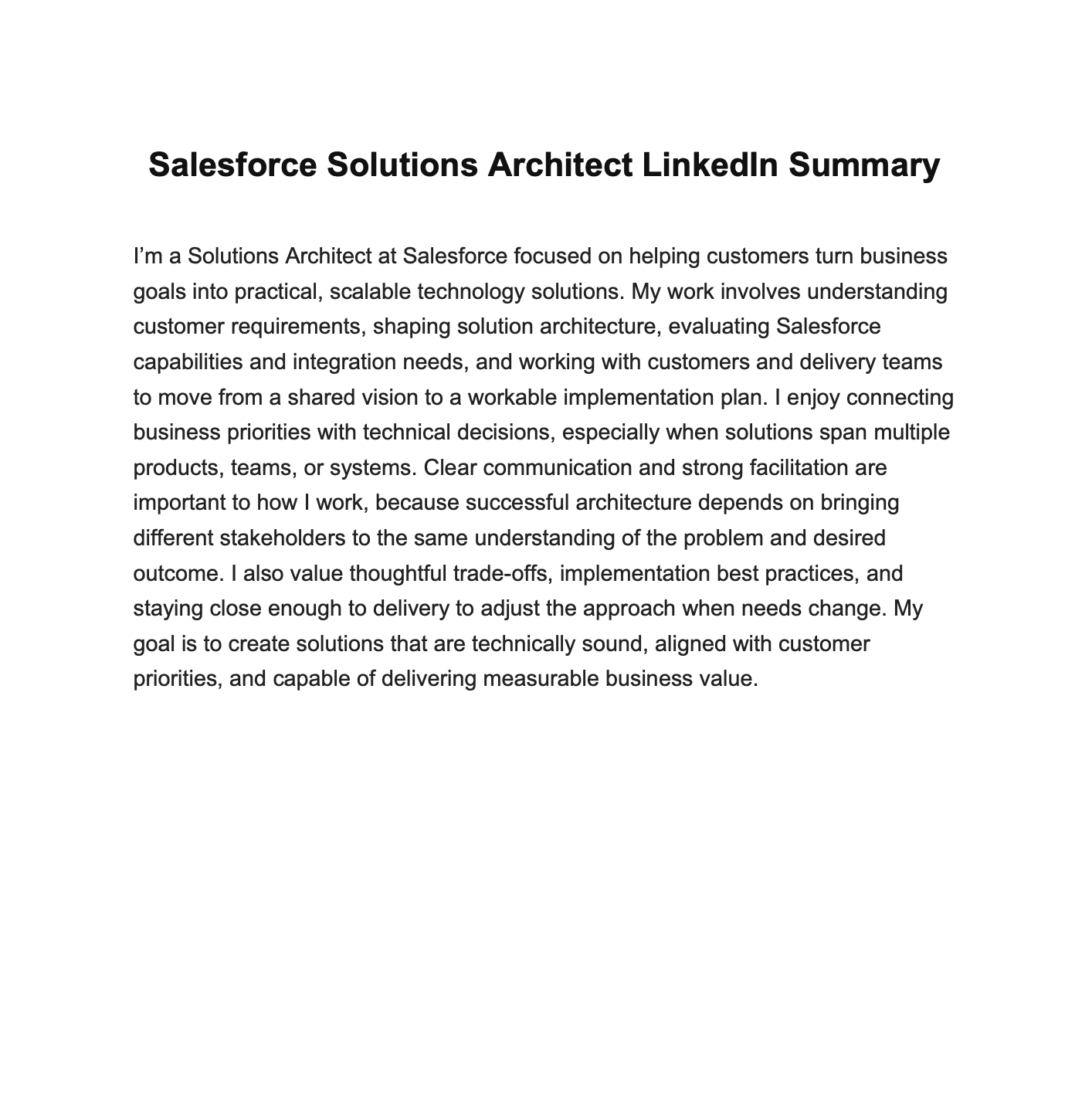Salesforce Solutions Architect LinkedIn Summary - Free AI LinkedIn Summary Generator, 50+ Real LinkedIn Summary Examples