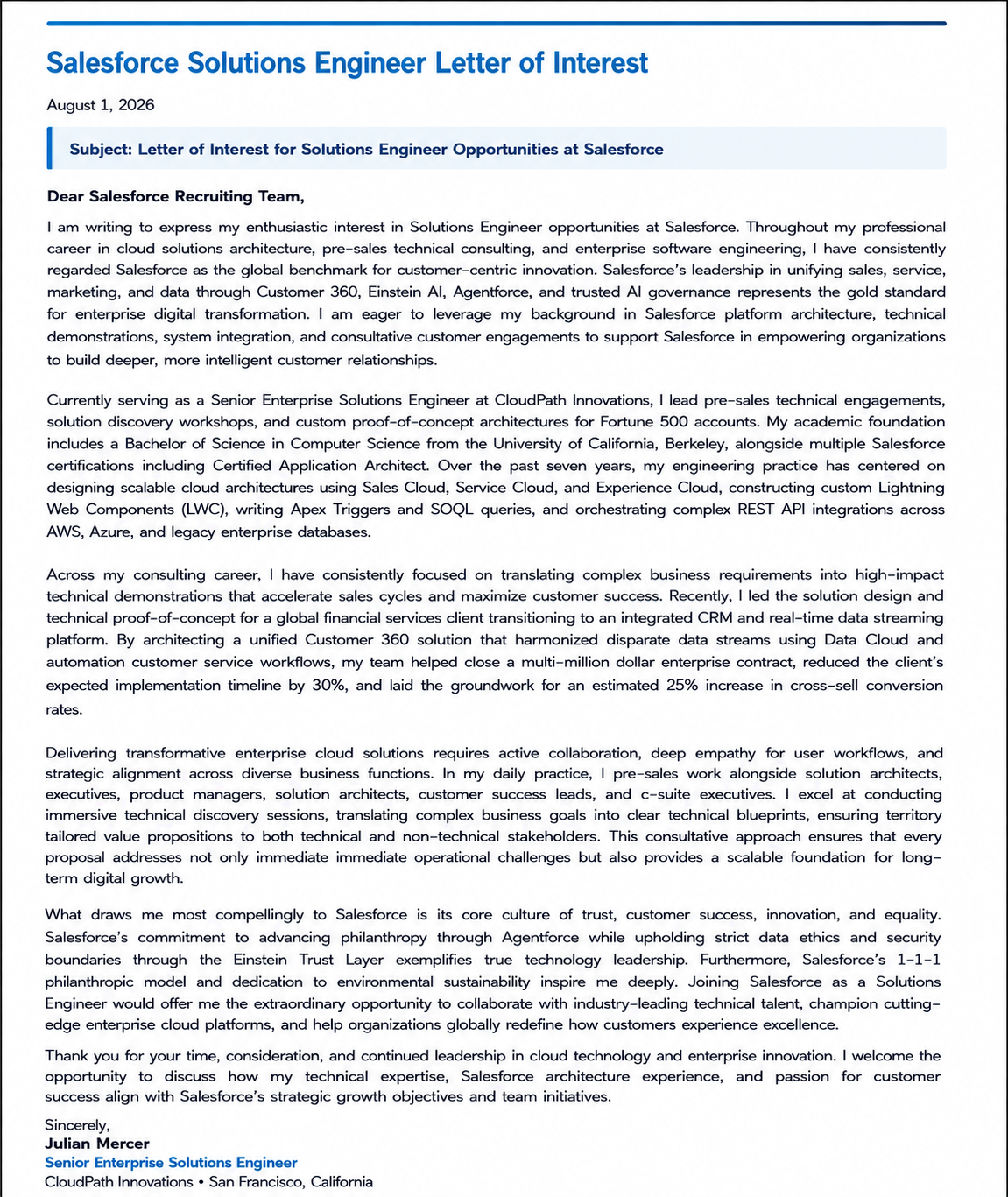Salesforce Solutions Engineer Letter of Interest - Free AI Letter of Interest Generator, 50+ Real Letter of Interest Examples