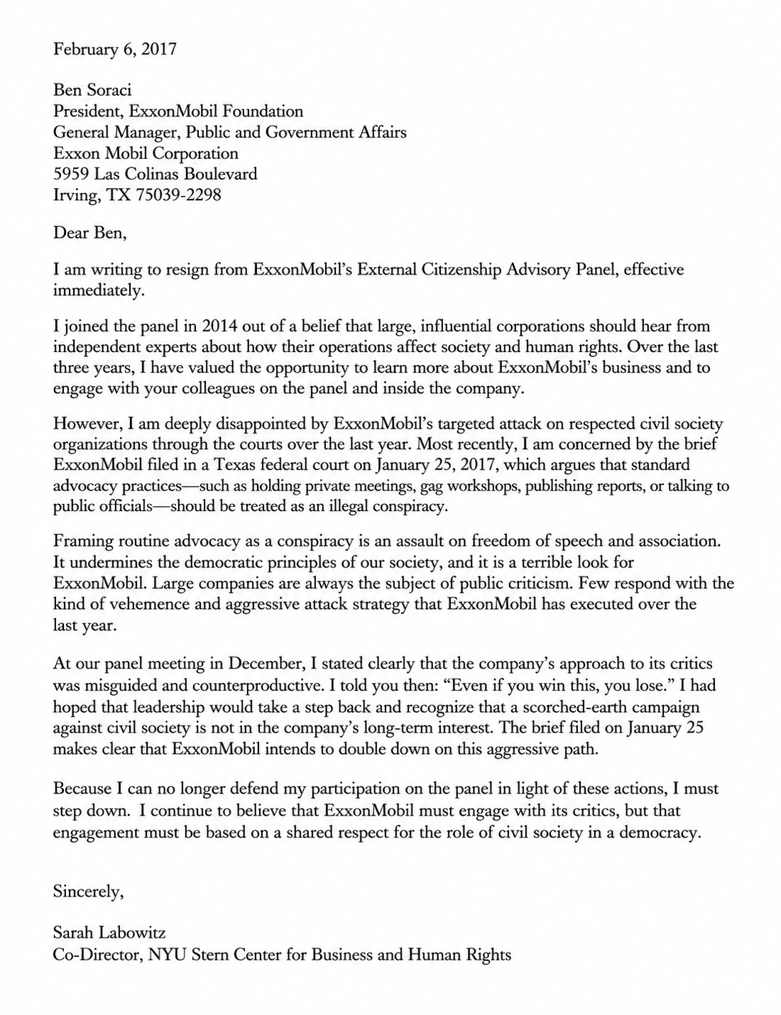 Sarah Labowitz Resignation Letter from ExxonMobil Advisory Panel - Free AI Resignation Letter Generator, 50+ Real Resignation Letter Examples