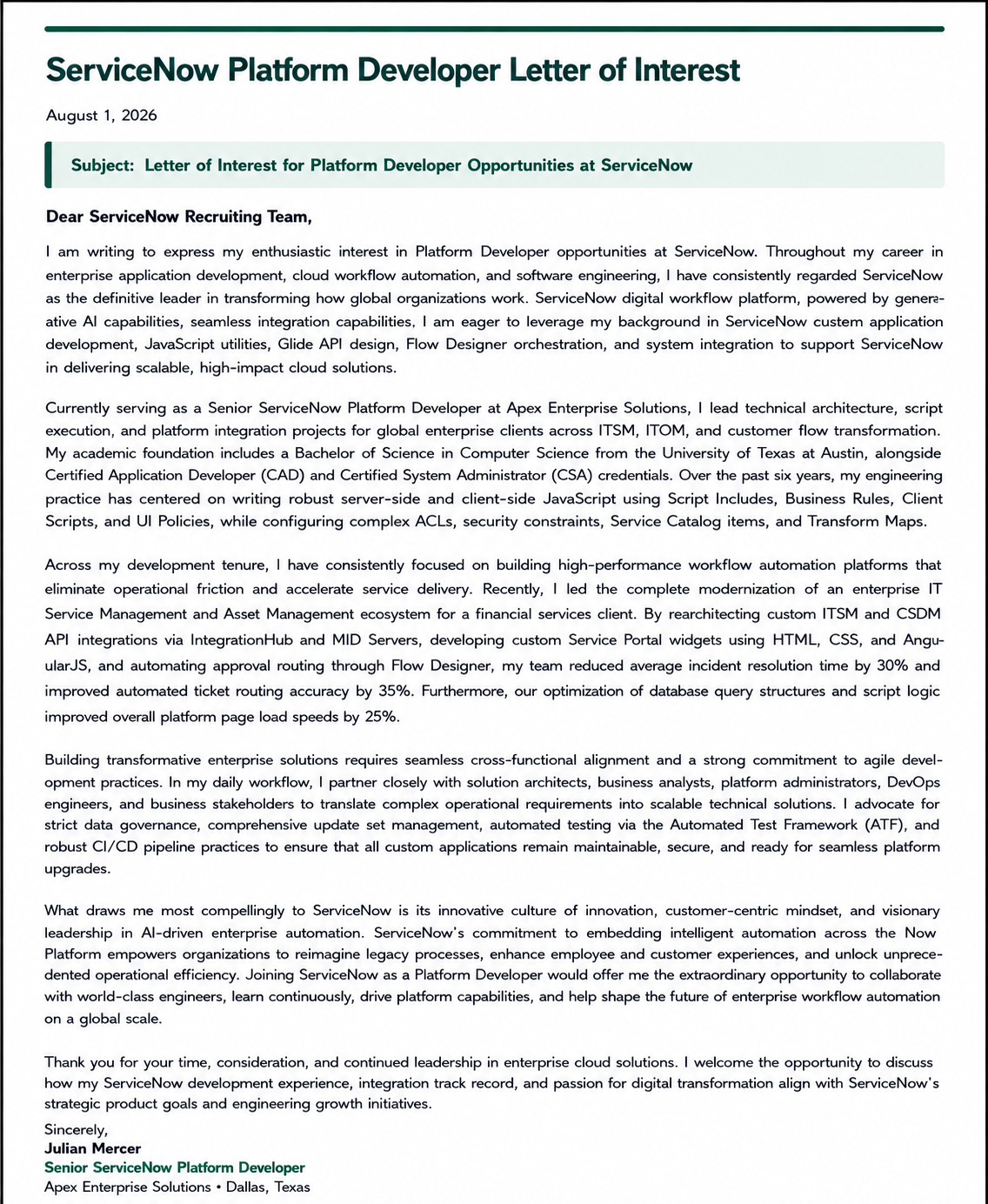 ServiceNow Platform Developer Letter of Interest - Free AI Letter of Interest Generator, 50+ Real Letter of Interest Examples