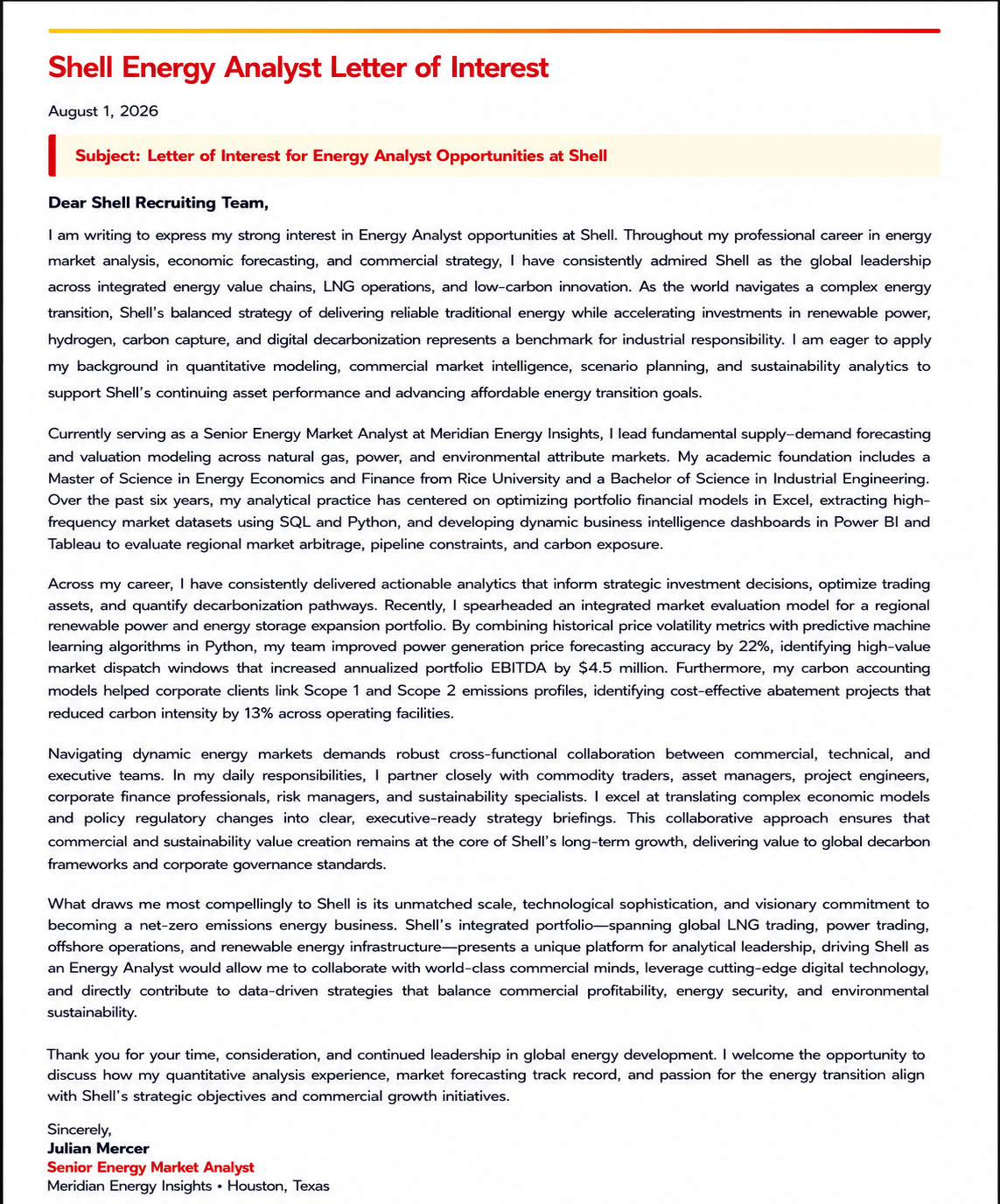 Shell Energy Analyst Letter of Interest - Free AI Letter of Interest Generator, 50+ Real Letter of Interest Examples