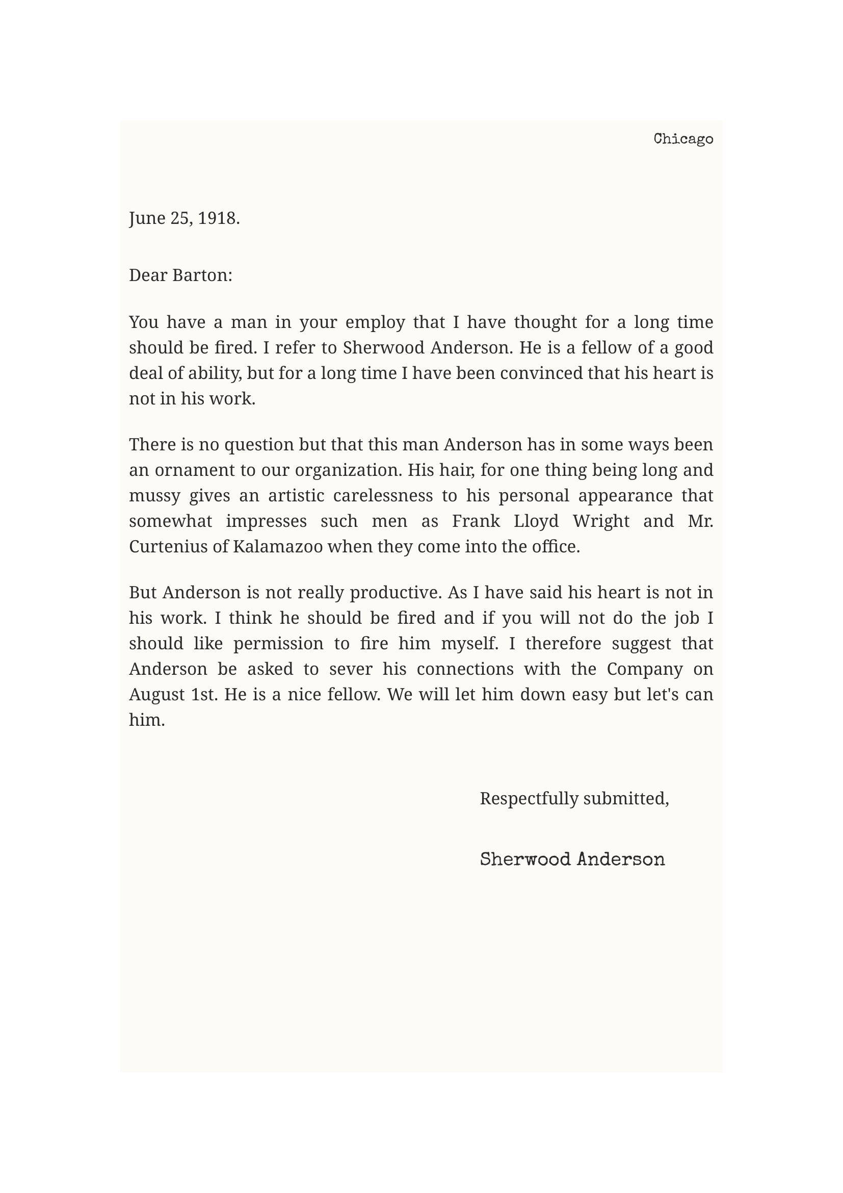 Sherwood Anderson Resignation Letter to Taylor Critchfield Co. - Free AI Resignation Letter Generator, 50+ Real Resignation Letter Examples