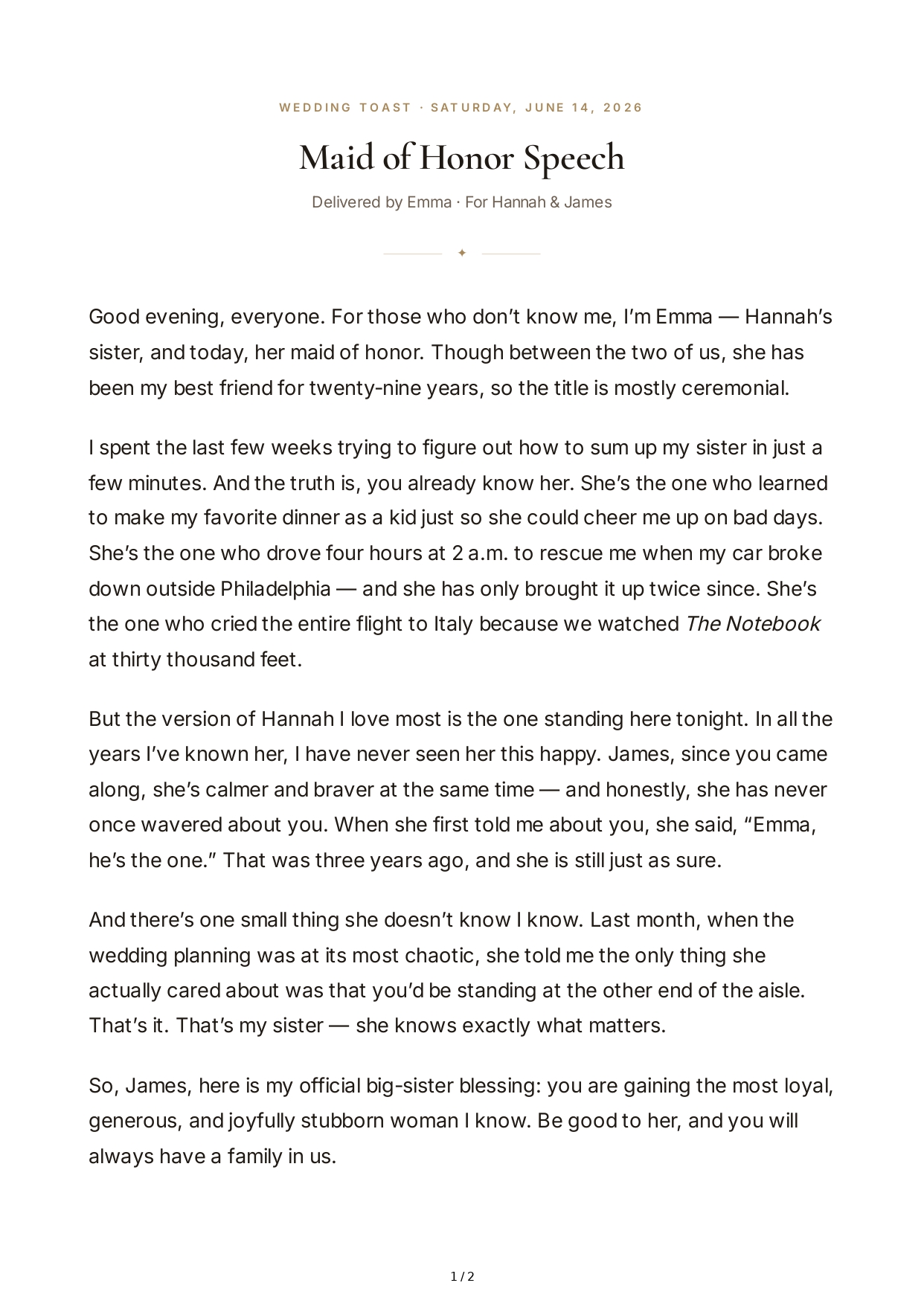 Sister Maid of Honor Speech