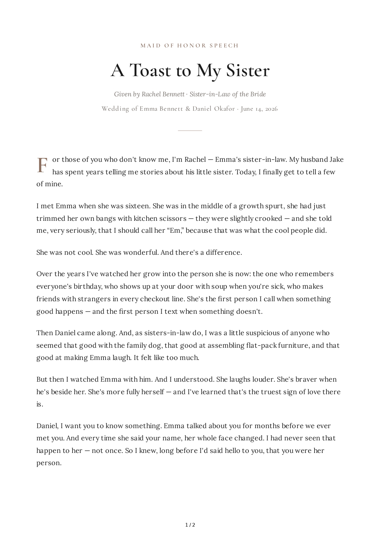 Sister-in-Law Maid of Honor Speech - Free AI Maid of Honor Speech Generator, 50+ Real Maid of Honor Speech Examples