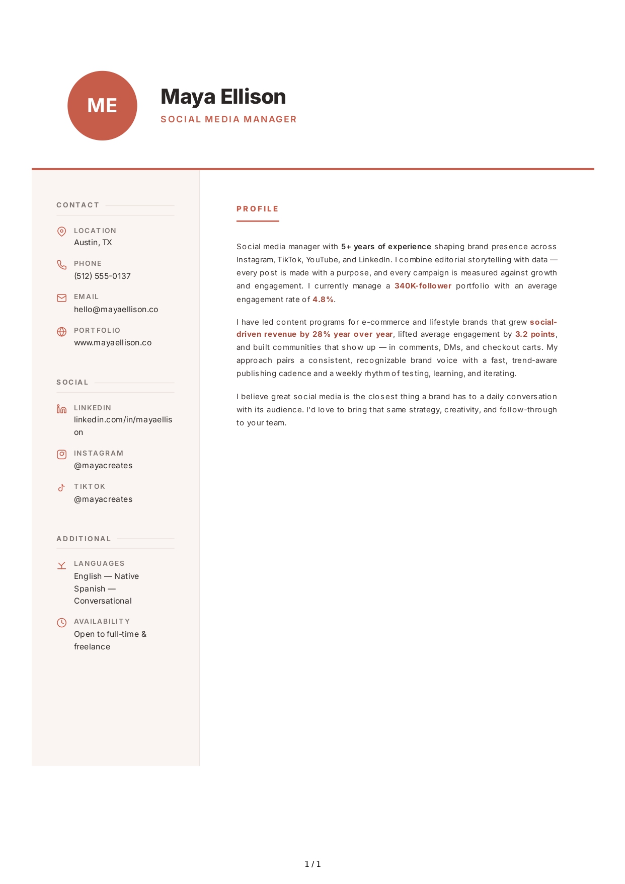 Social Media Manager Resume Profile - Free AI Resume Profile Generator, 50+ Real Resume Profile Examples