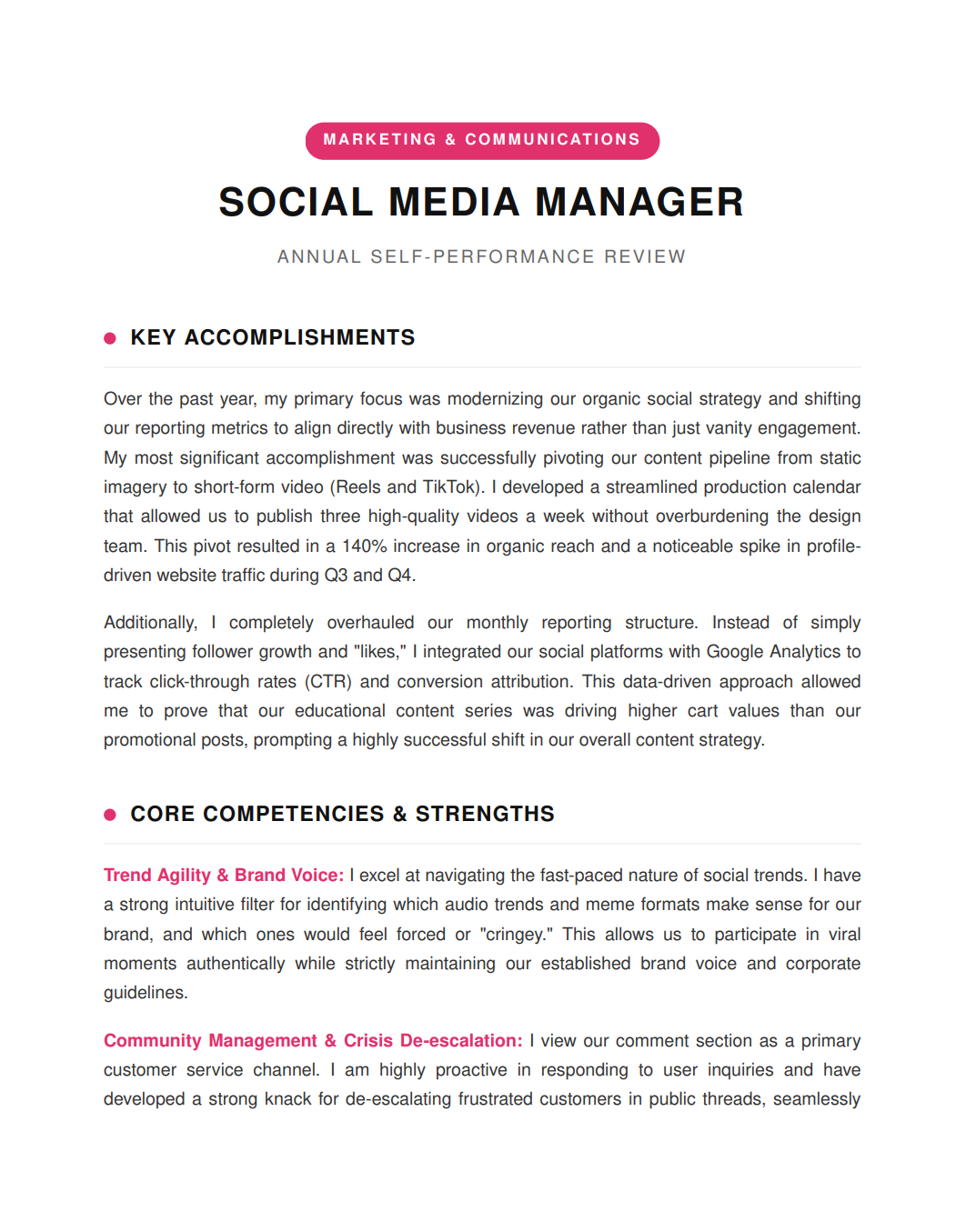 Social Media Manager Self Performance Review - Free AI Self Performance Review Generator, 50+ Real Self Performance Review Examples