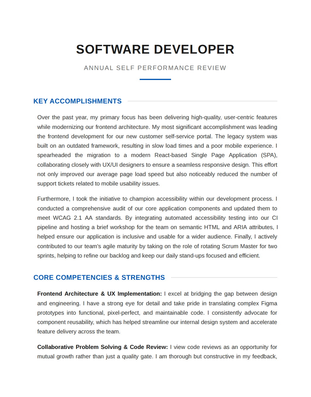 Software Developer Self Performance Review - Free AI Self Performance Review Generator, 50+ Real Self Performance Review Examples