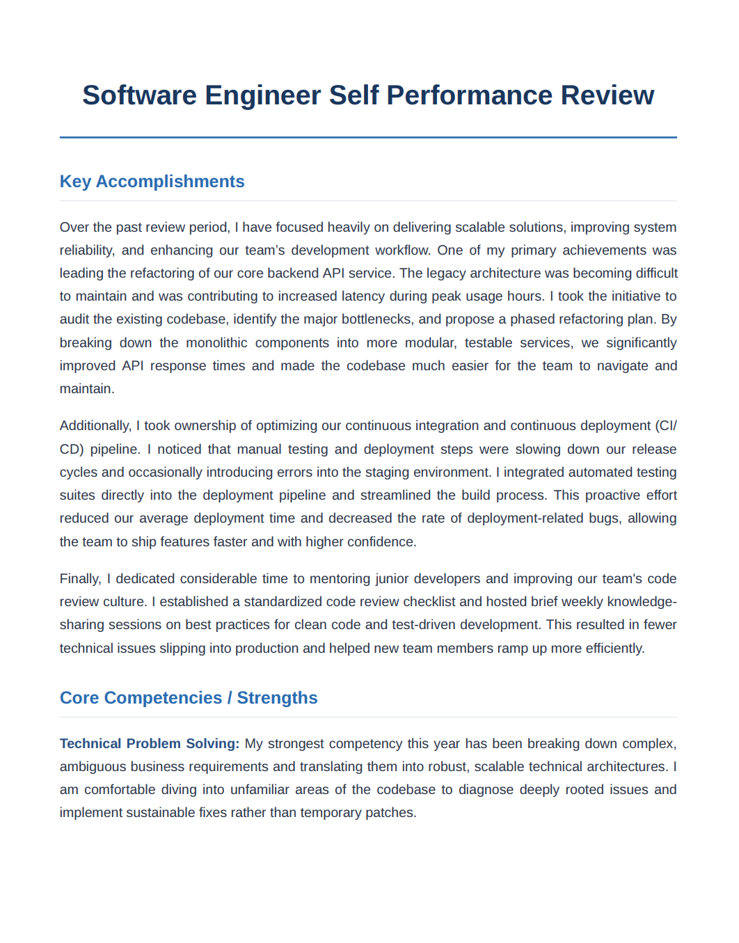 Software Engineer Self Performance Review - Free AI Self Performance Review Generator, 50+ Real Self Performance Review Examples