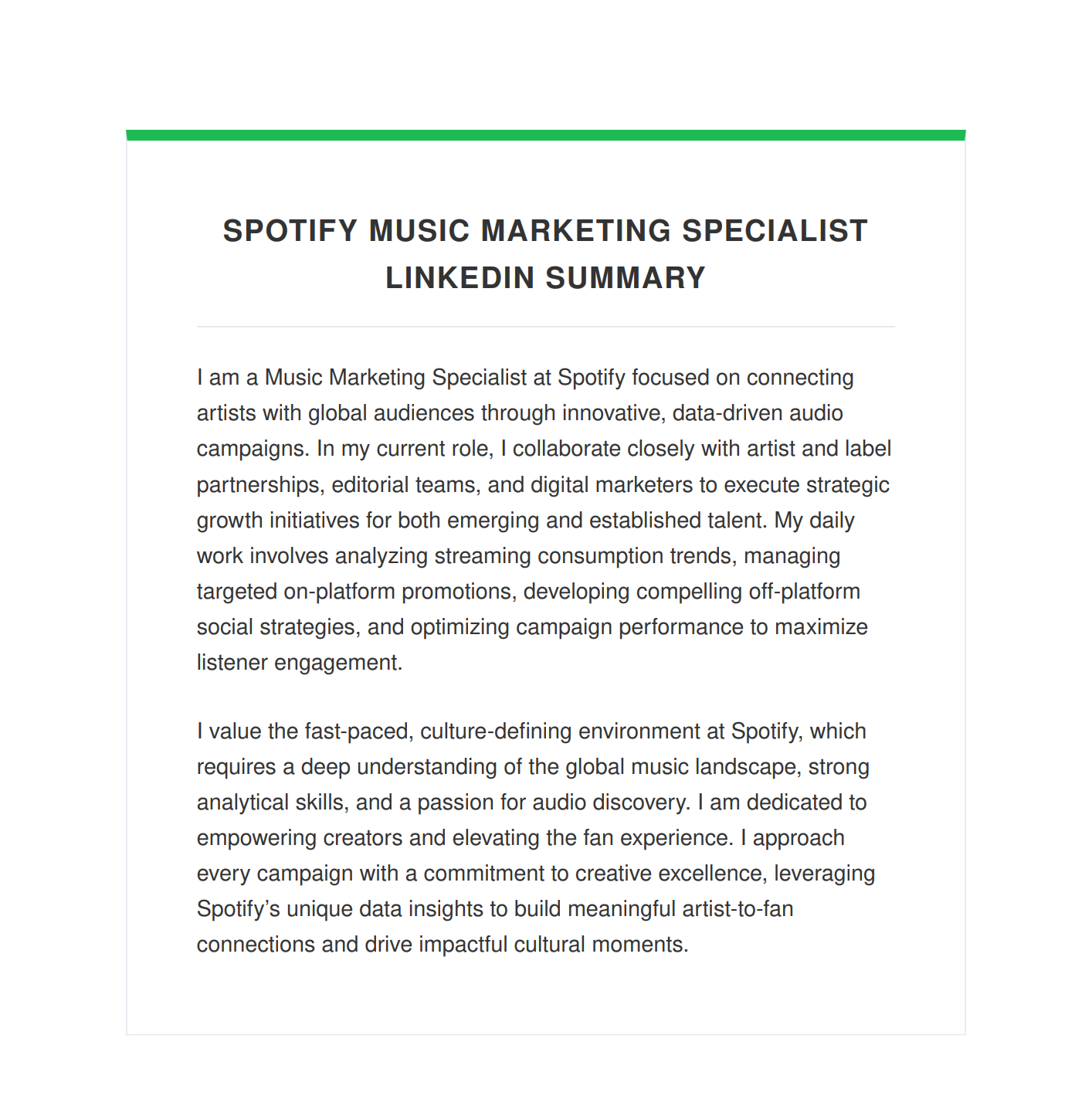 Spotify Music Marketing Specialist LinkedIn Summary - Free AI LinkedIn Summary Generator, 50+ Real LinkedIn Summary Examples
