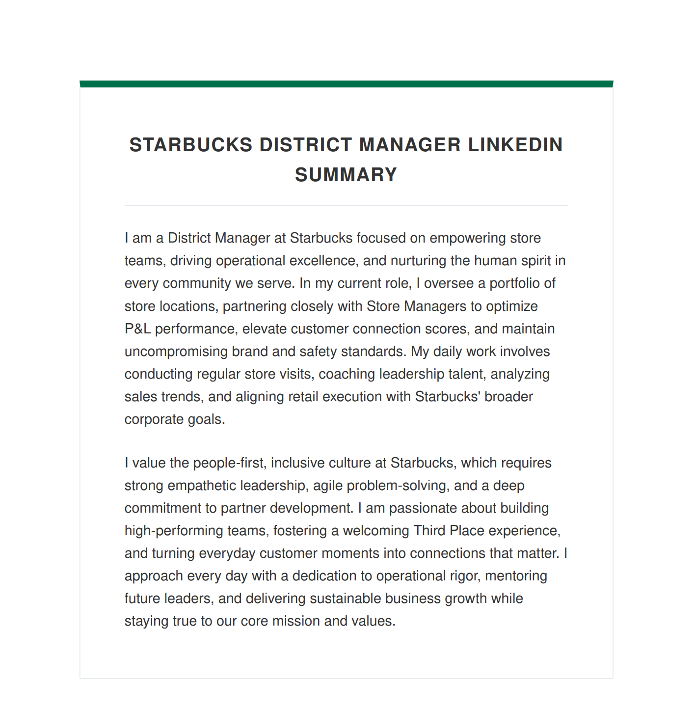 Starbucks District Manager LinkedIn Summary - Free AI LinkedIn Summary Generator, 50+ Real LinkedIn Summary Examples