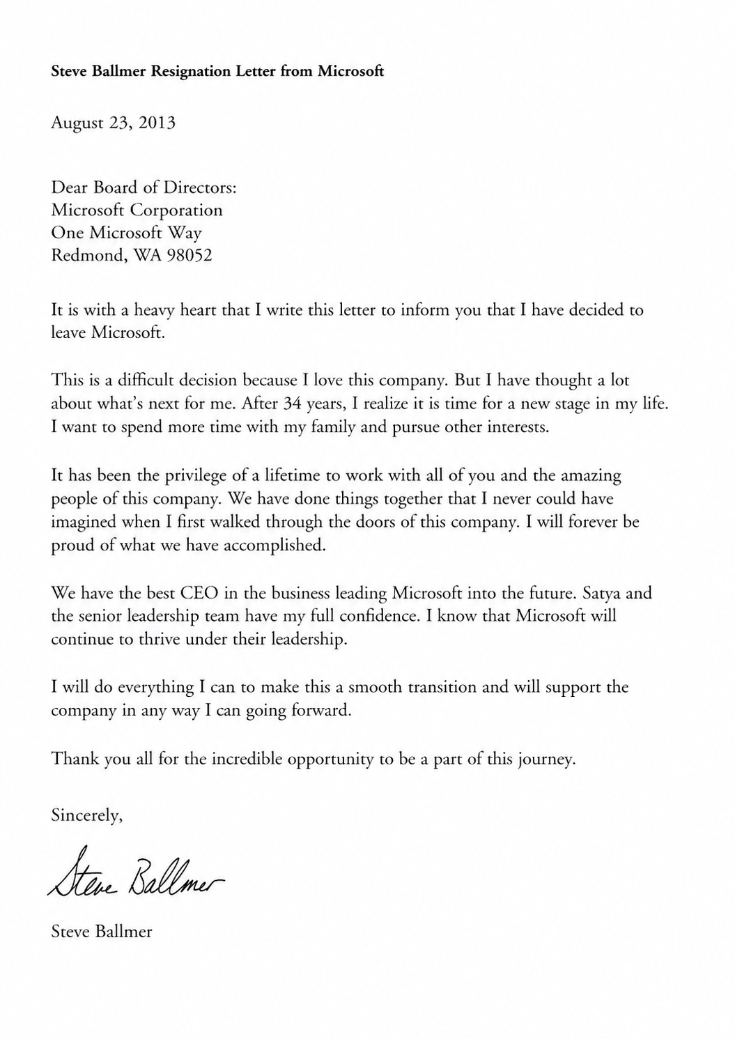 Steve Ballmer Resignation Letter from Microsoft - Free AI Resignation Letter Generator, 50+ Real Resignation Letter Examples